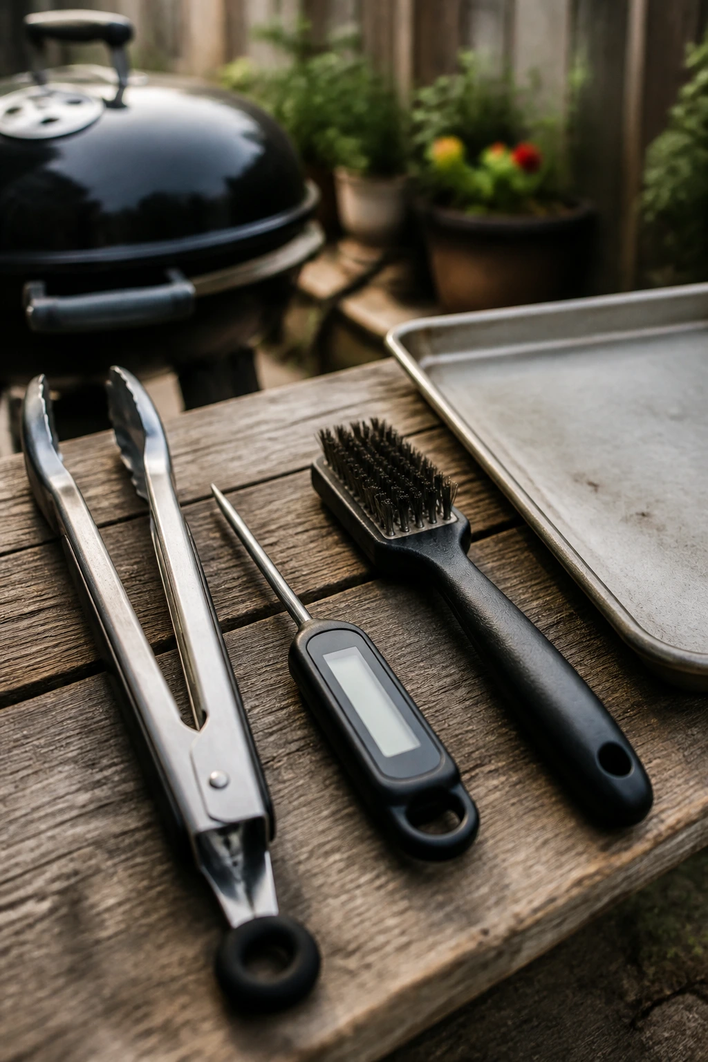 Close-up of essential grill tools on a wooden prep surface in outdoor setting