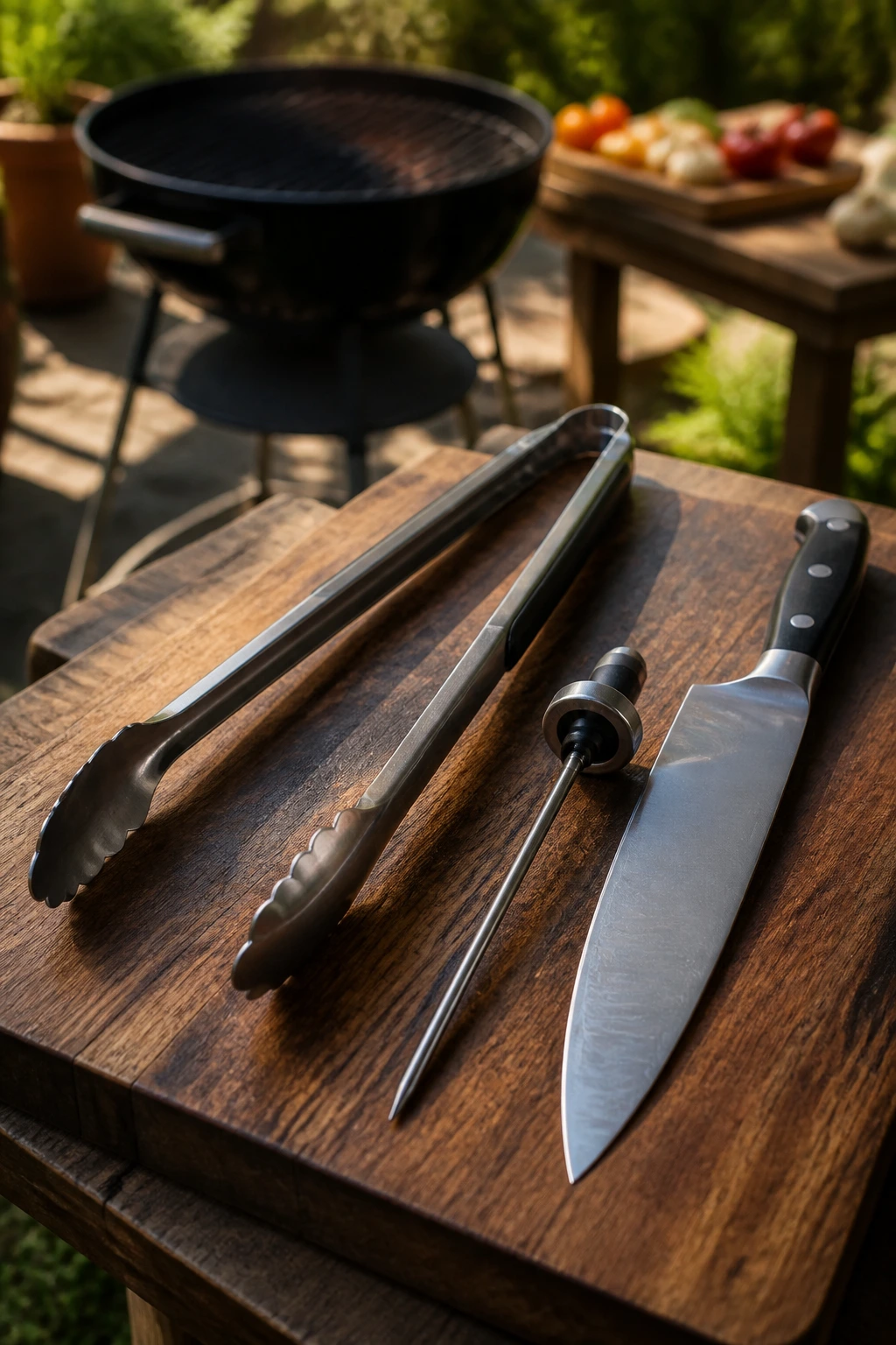 Close-up of essential grilling tools on a wooden board in backyard light