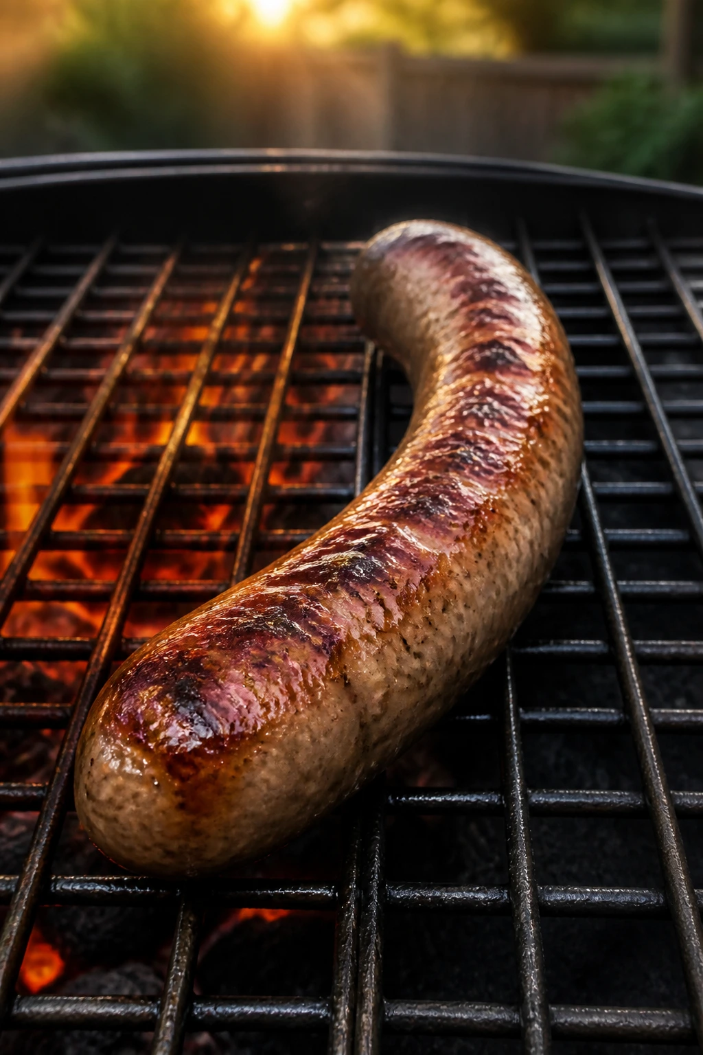 Grill with two heat zones and a sausage browning on direct heat