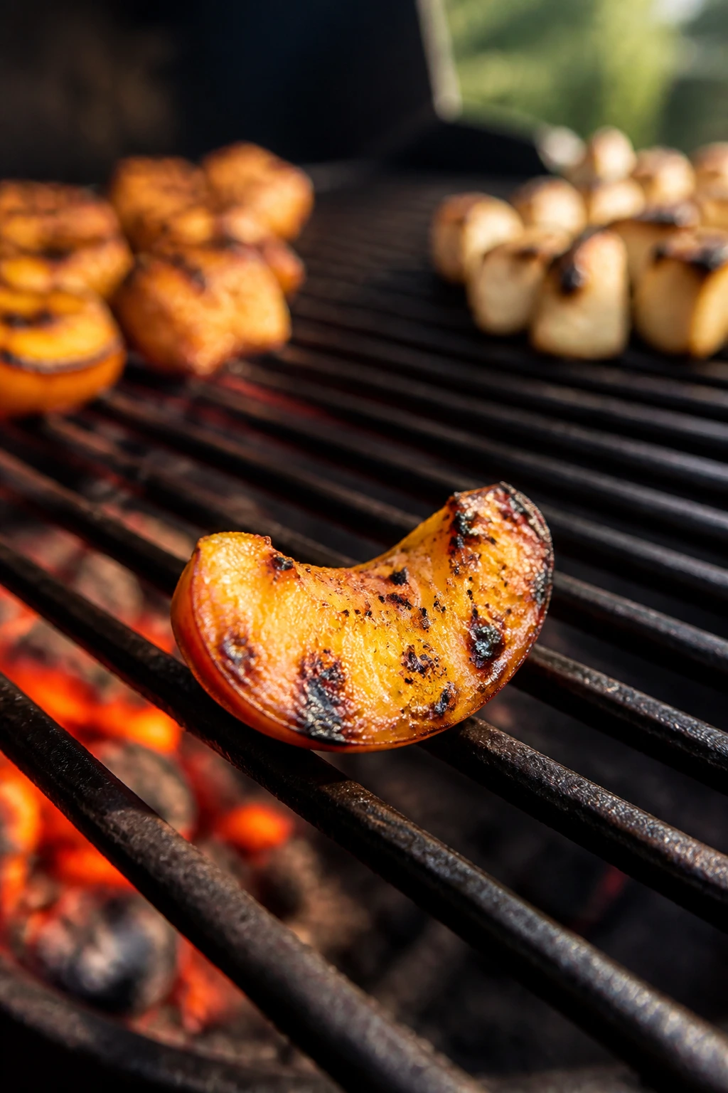 Close-up of a bite on a hot grill with two-zone setup in the background