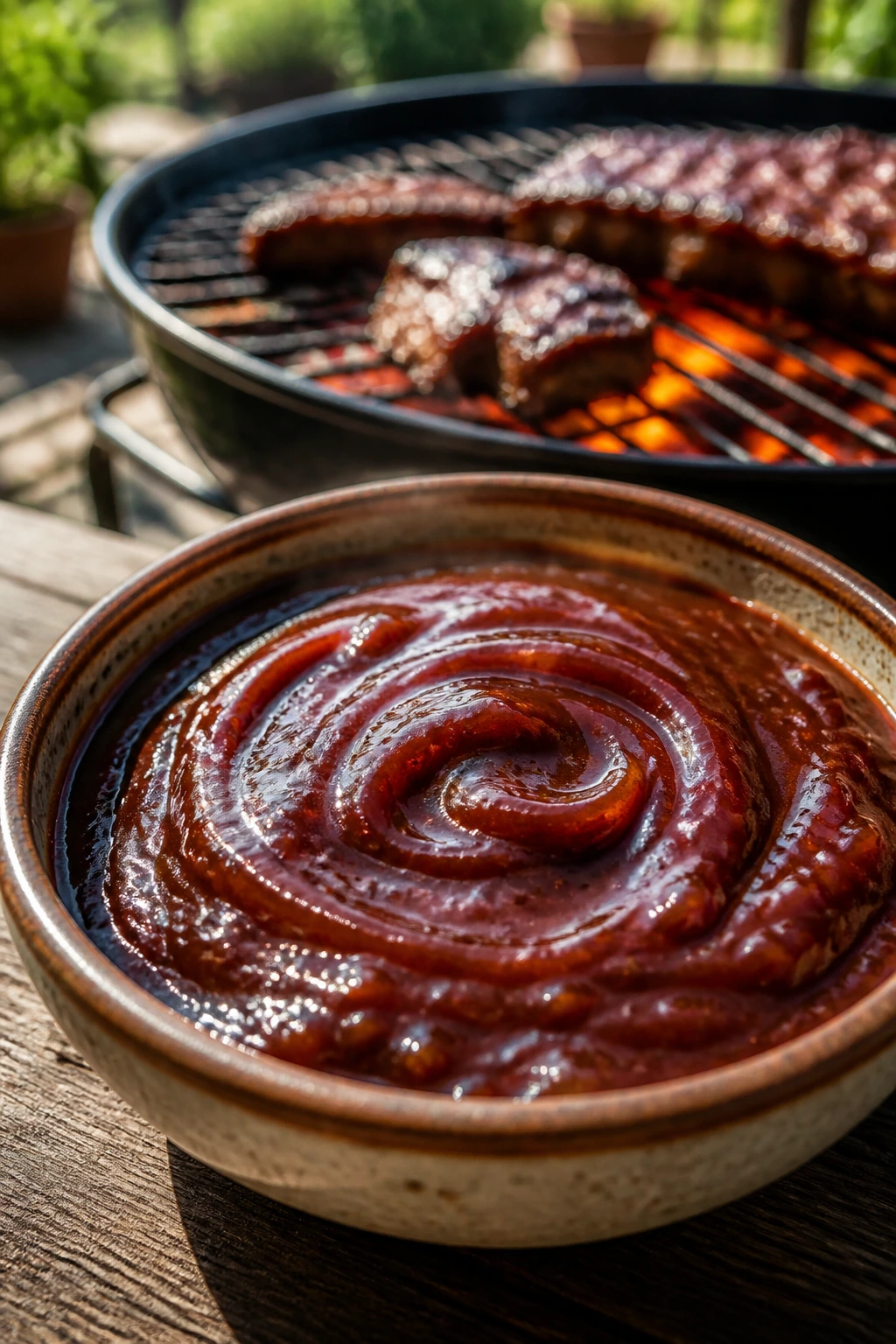 Glossy BBQ sauce in a ceramic dish with a grill in the background