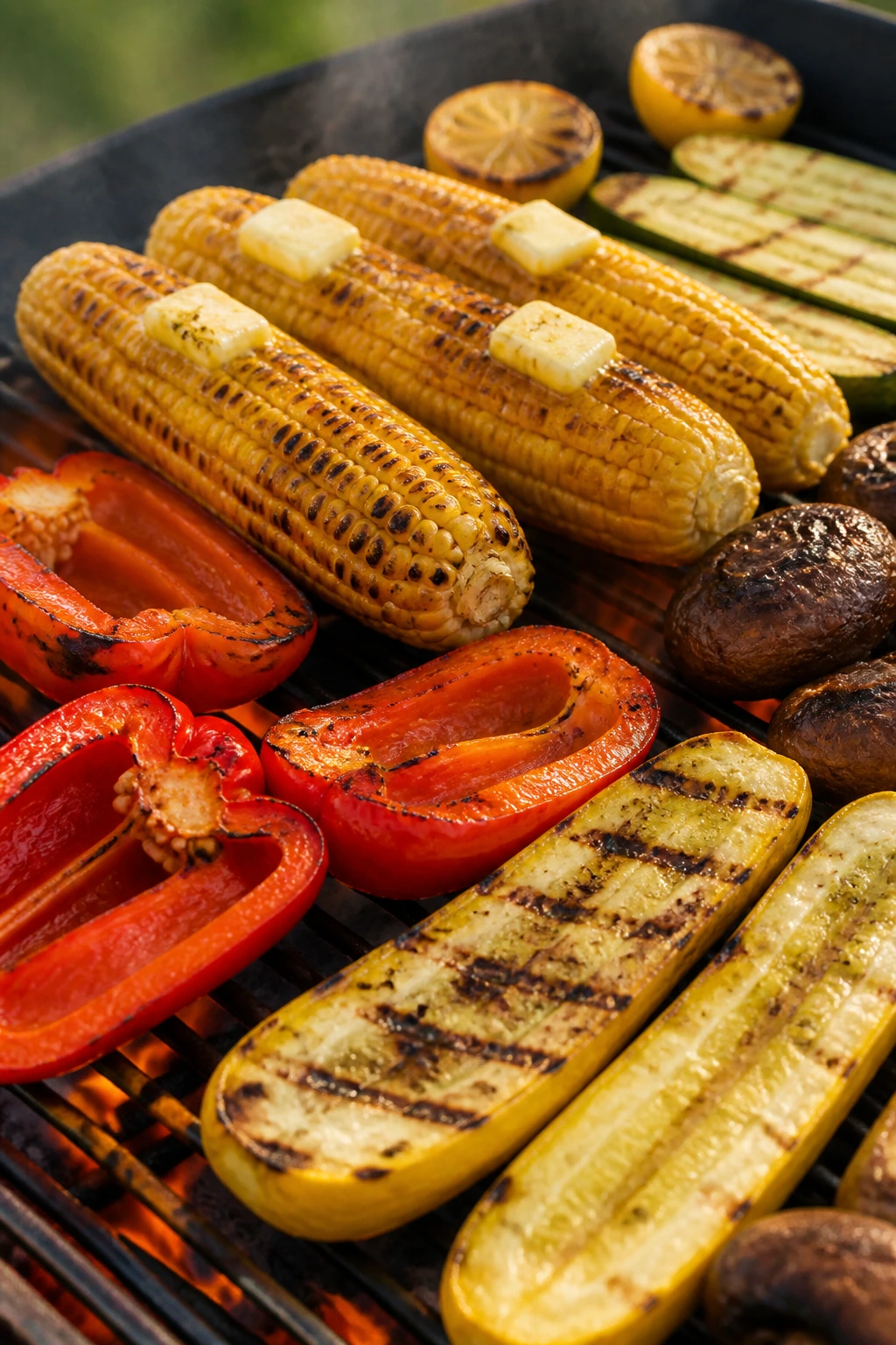 Charred corn, zucchini, and peppers grilling in a backyard.