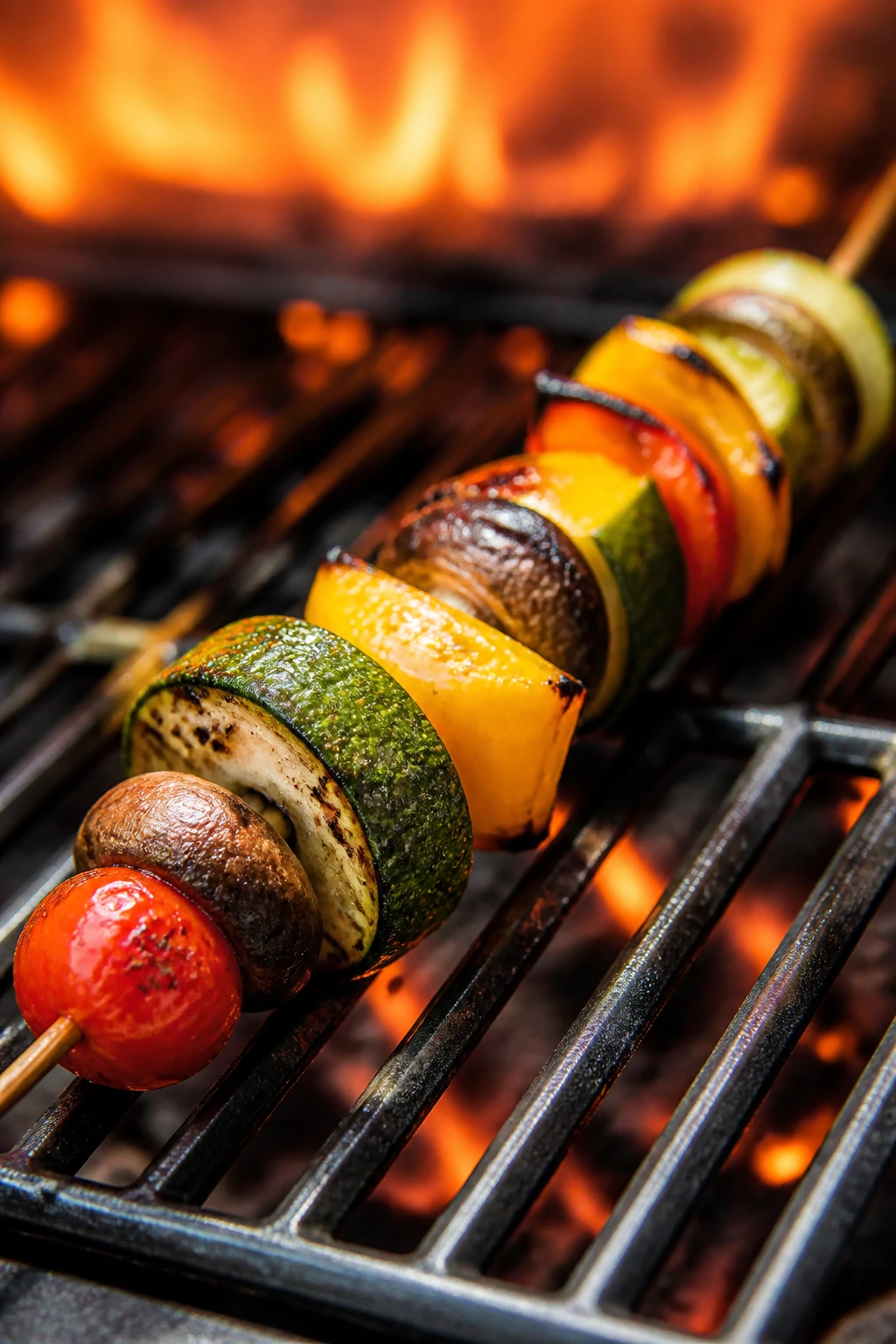 Close-up of a colorful veggie skewer with grill marks