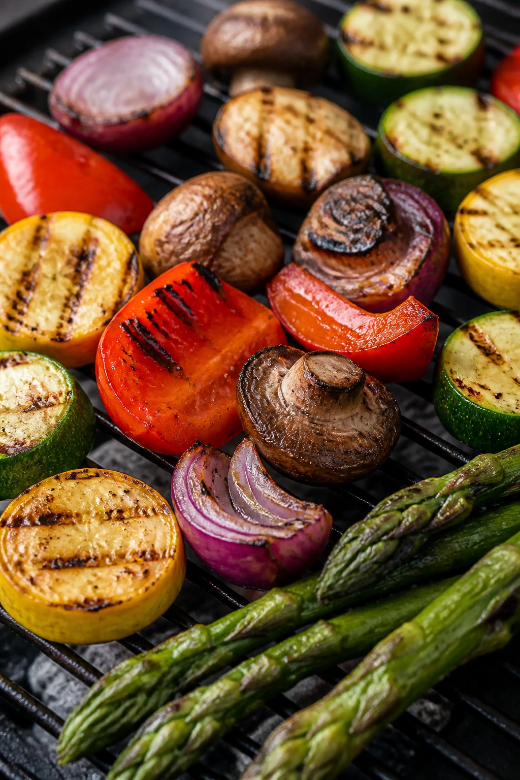 Grilled vegetable medley showing varied textures and browning