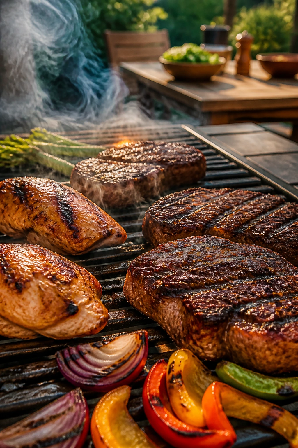 Sizzling grill grate with meats and vegetables in backyard setting
