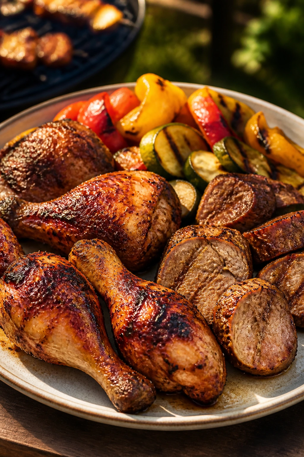 Plate of chicken thighs, drumsticks, pork medallions, and hardy vegetables ready for grilling