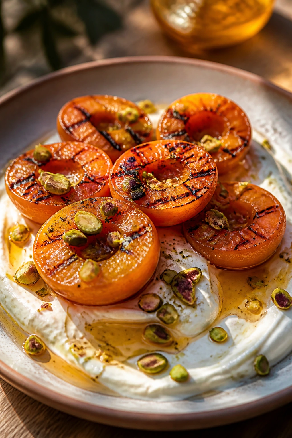 Grilled apricots with vanilla yogurt and pistachios on a plate