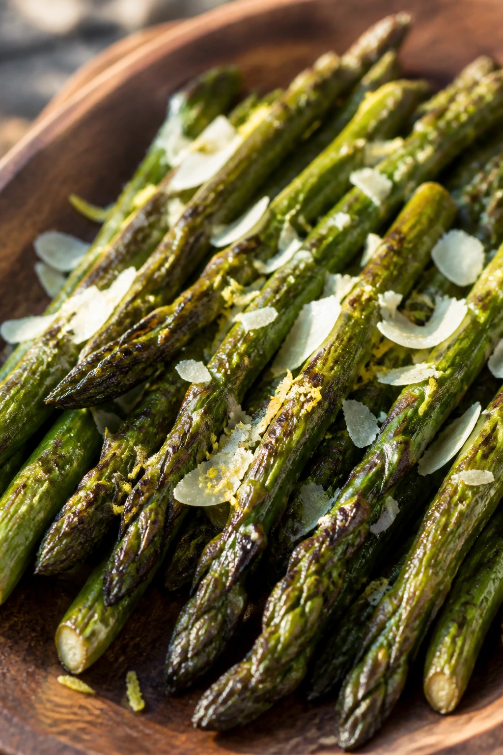 Close-up of grilled asparagus spears with Parmesan and lemon outdoors