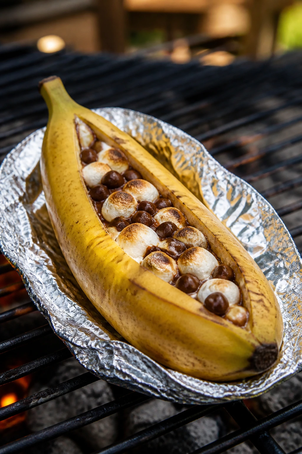 Close-up of grilled banana boat with chocolate and marshmallows