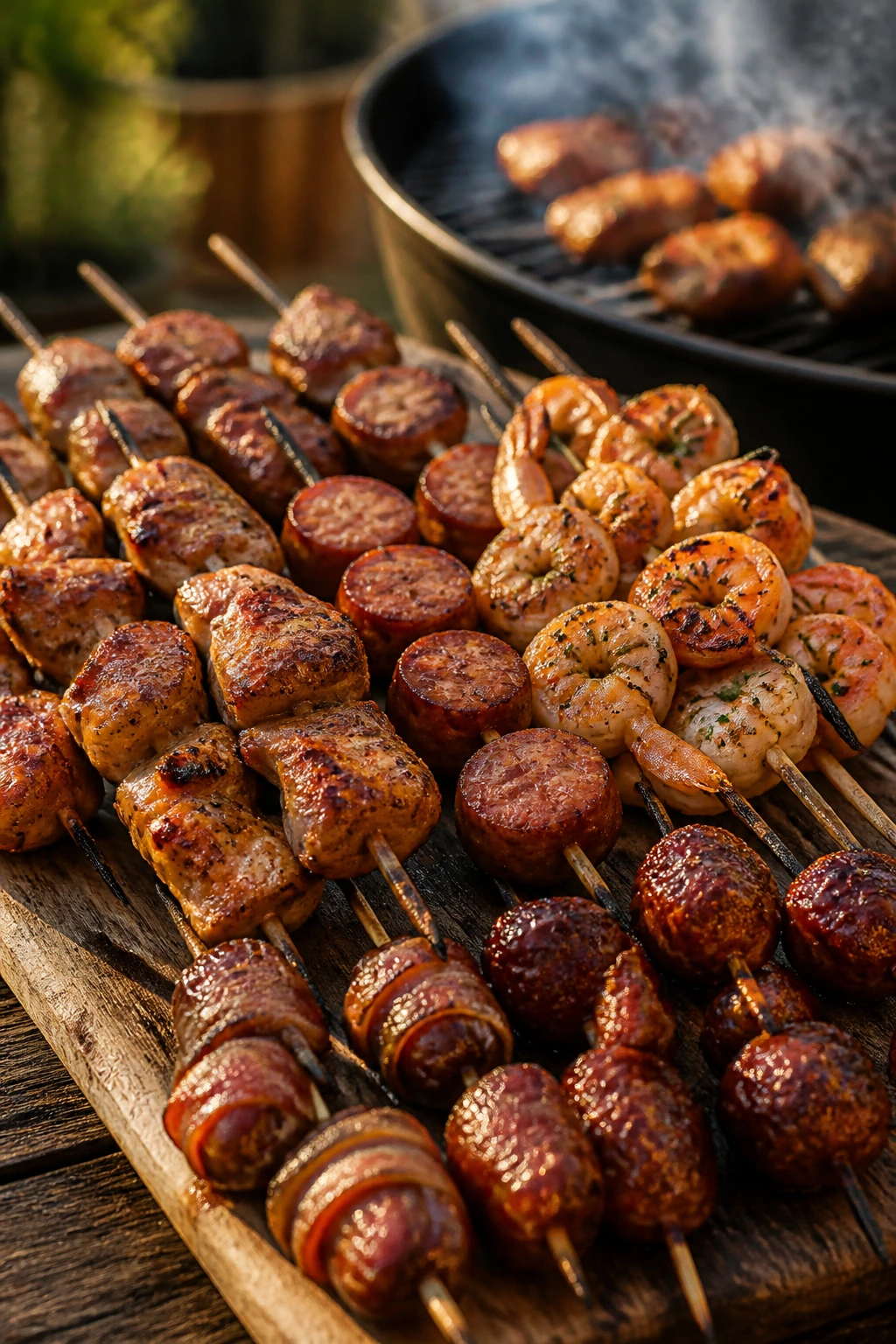 Close-up of a board with chicken skewers, sausage, shrimp, meatballs, and bacon-wrapped dates.