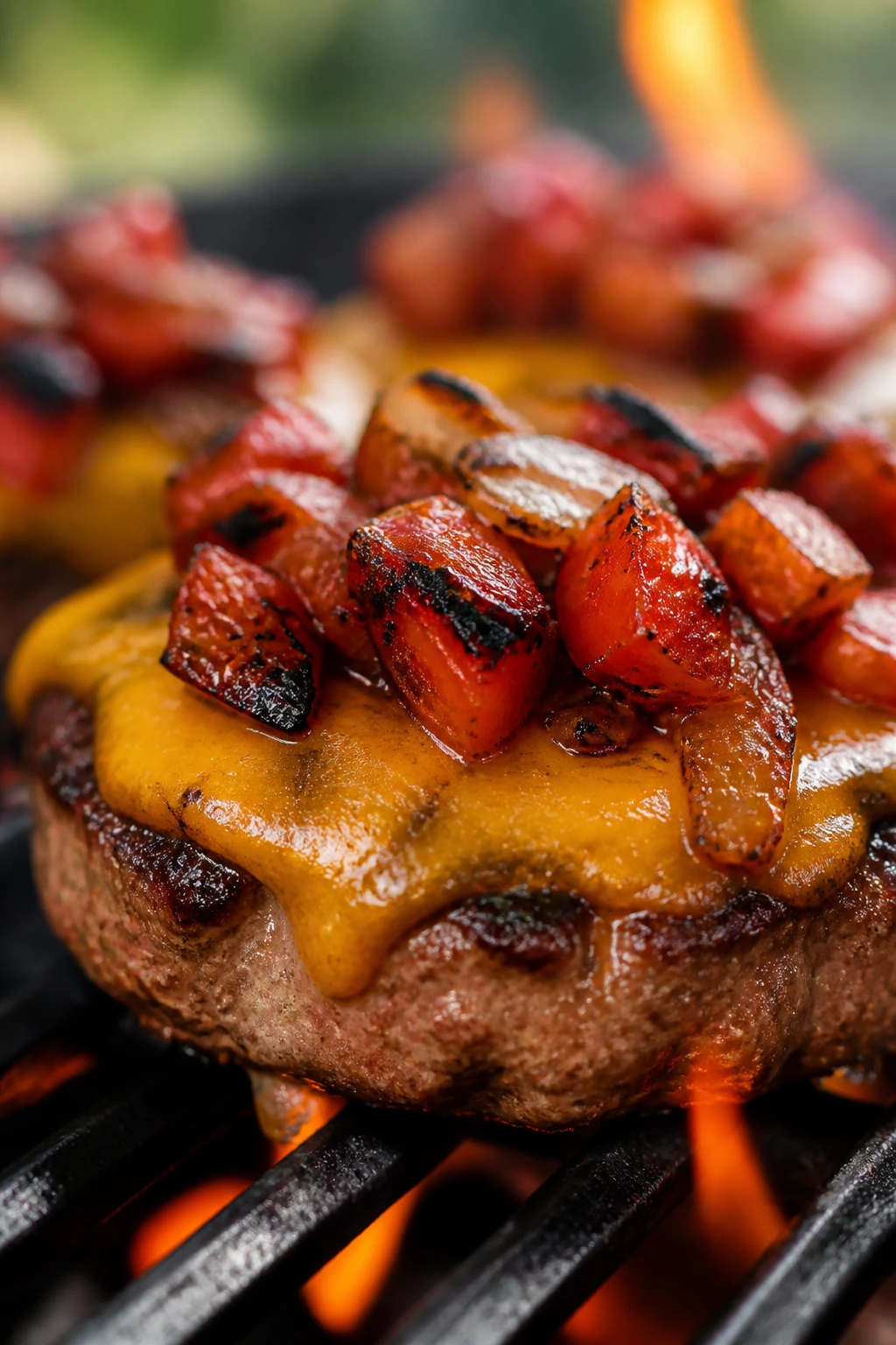 Close-up of a juicy grilled cheeseburger with charred tomato relish on a grill