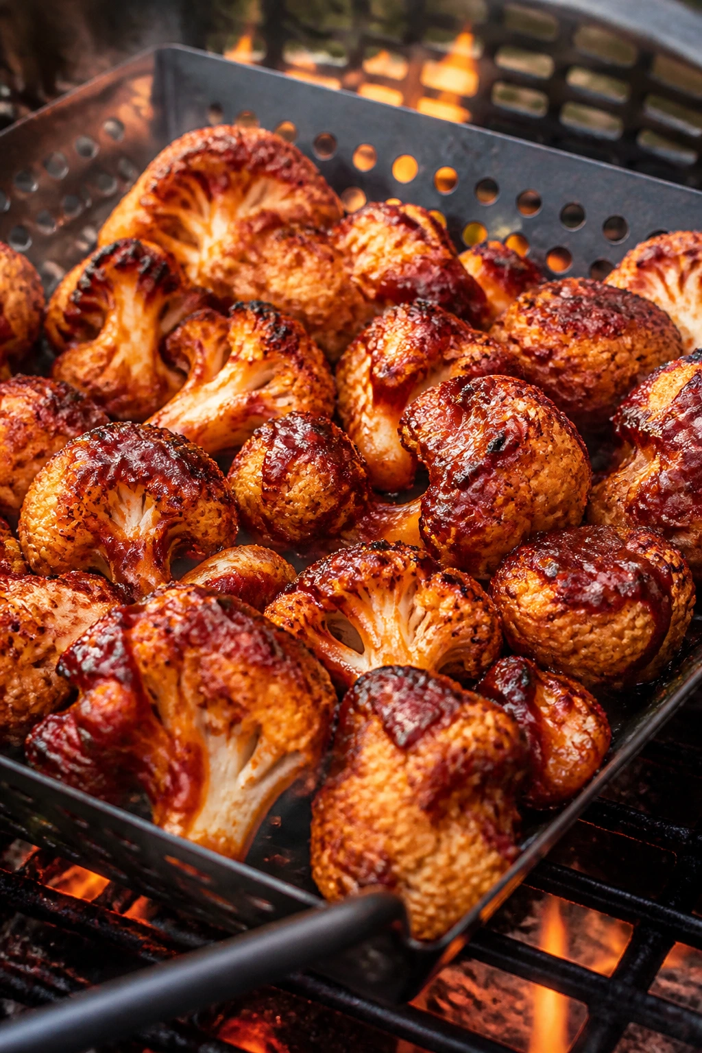 Close-up of smoky grilled cauliflower florets in a grill basket outdoors