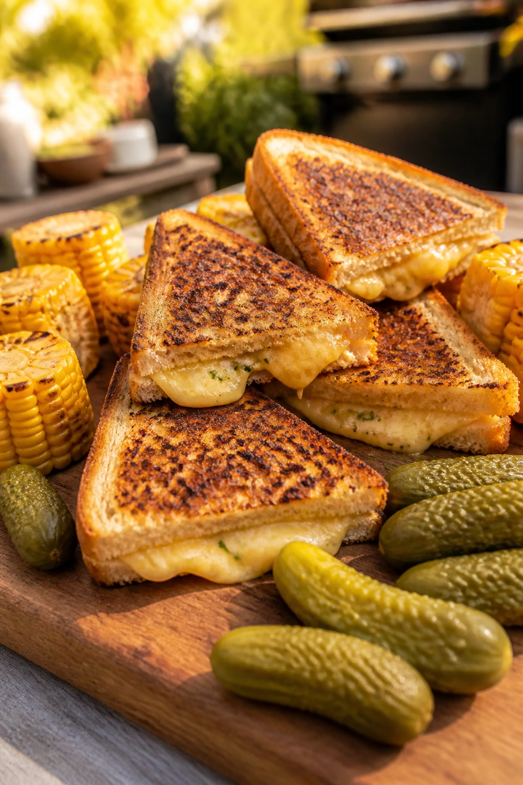 Close-up of triangular grilled cheese on a cutting board with pickles and grilled corn in a backyard setting