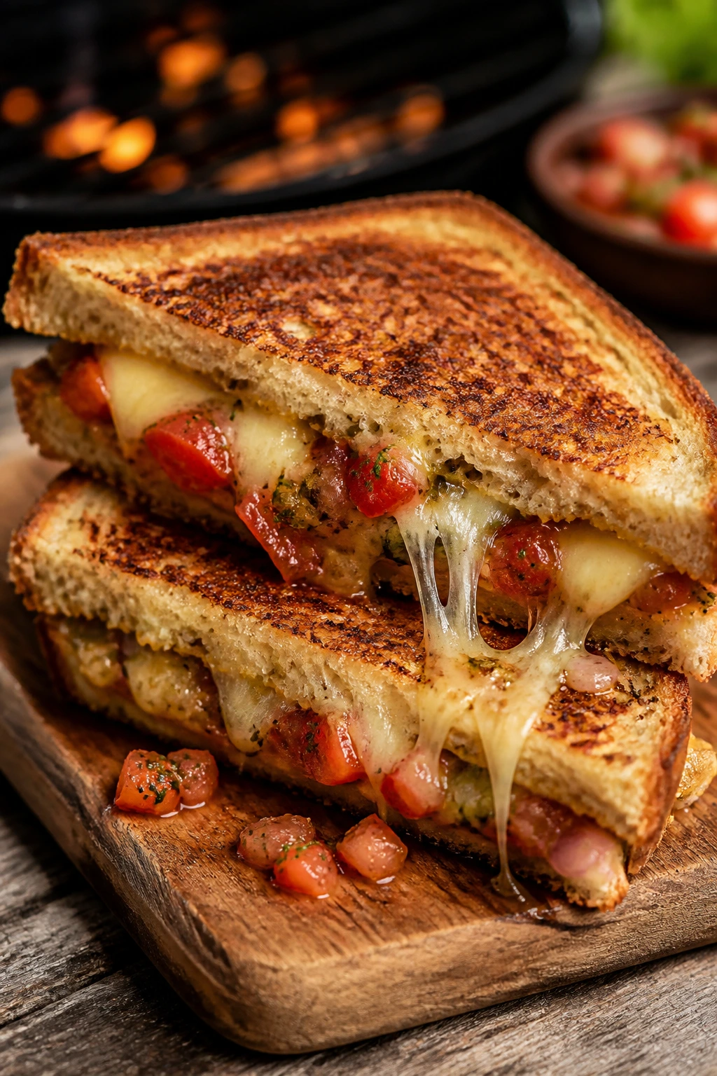 Close-up of a marinated tomato-onion grilled cheese sandwich outdoors