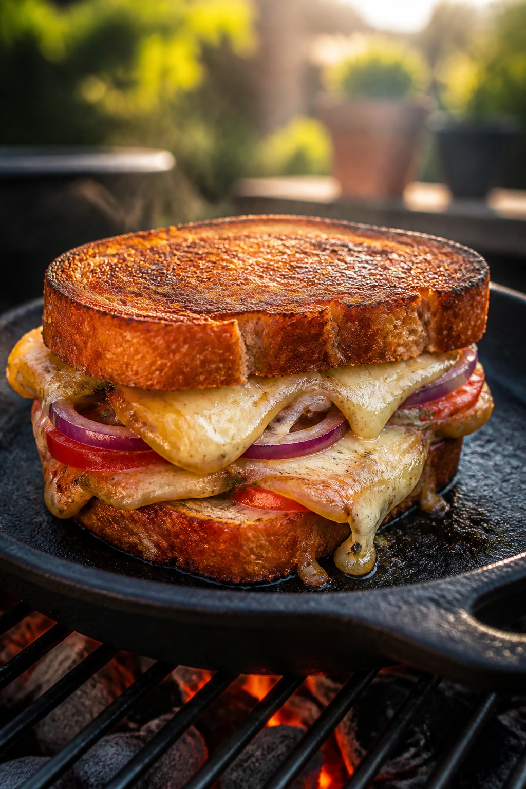 Close-up of a melty marinated grilled cheese sandwich on a backyard grill with bright tomato-onion filling