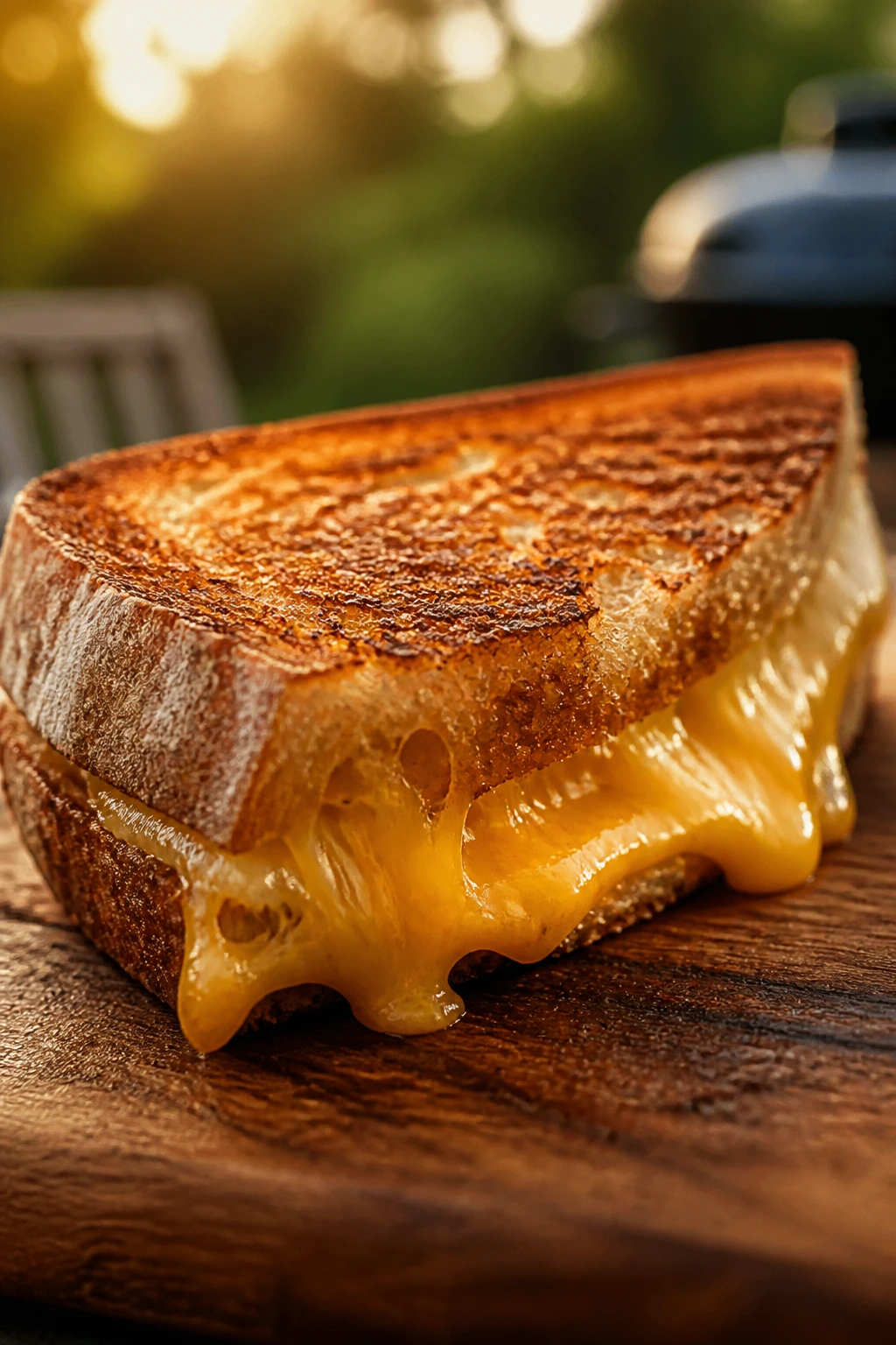 Close-up of a grilled cheese slice with melted cheese outdoors