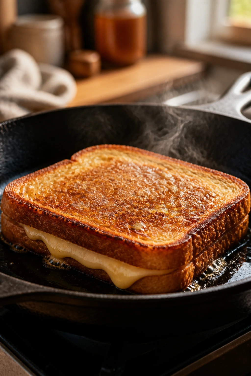 Close-up of a grilled cheese sandwich browning in a cast-iron skillet with a crisp crust and melted cheese