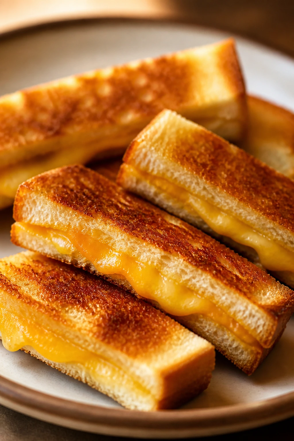 Close-up of grilled cheese dippers on a plate with melted cheese