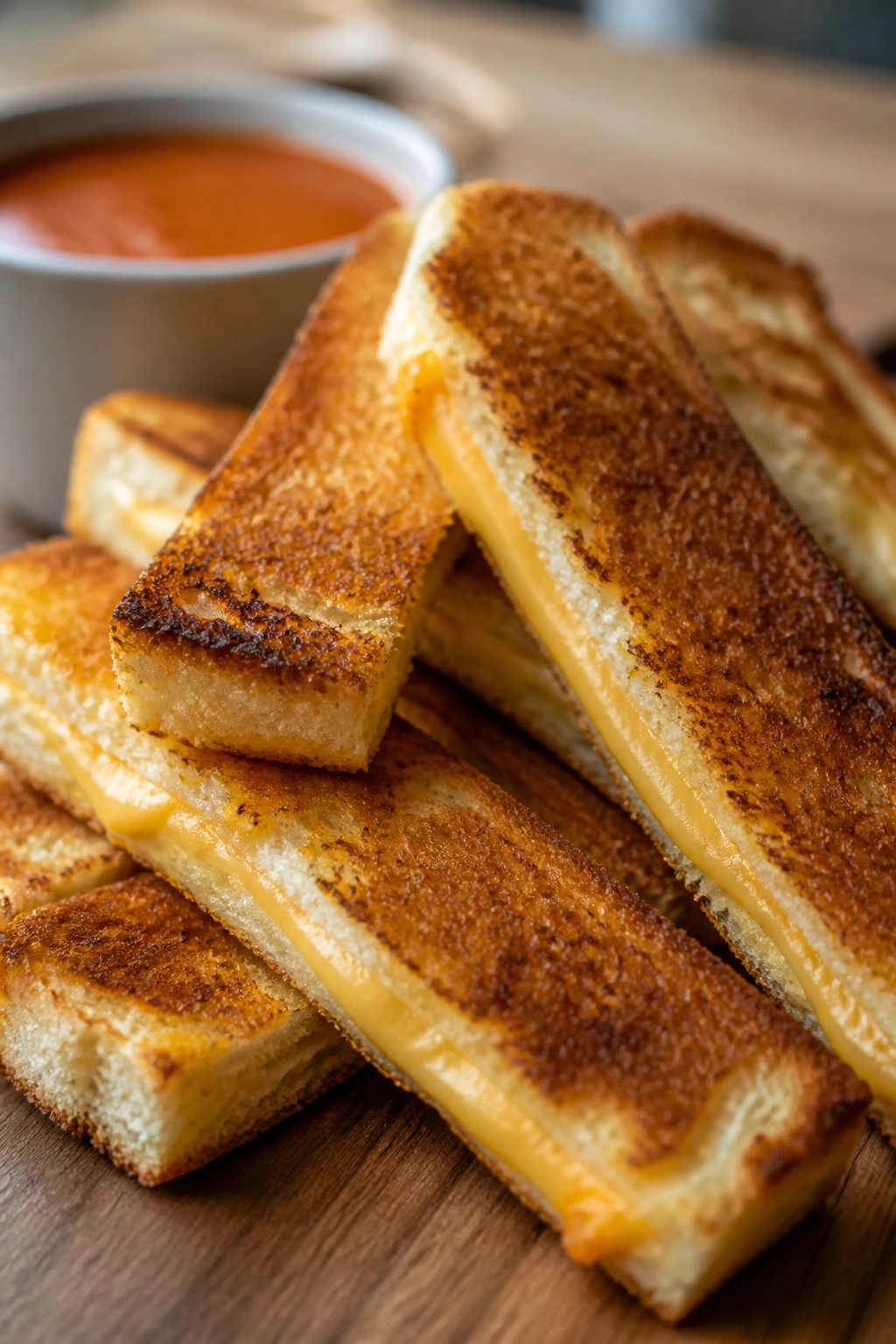 Grilled cheese dippers on a wooden board with tomato soup in the background