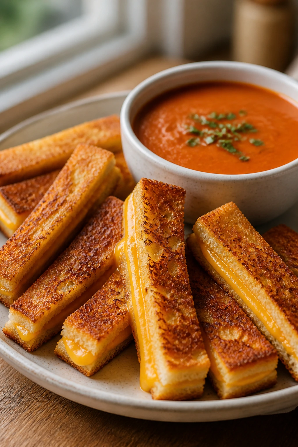 Close-up of grilled cheese dippers with tomato soup for dipping