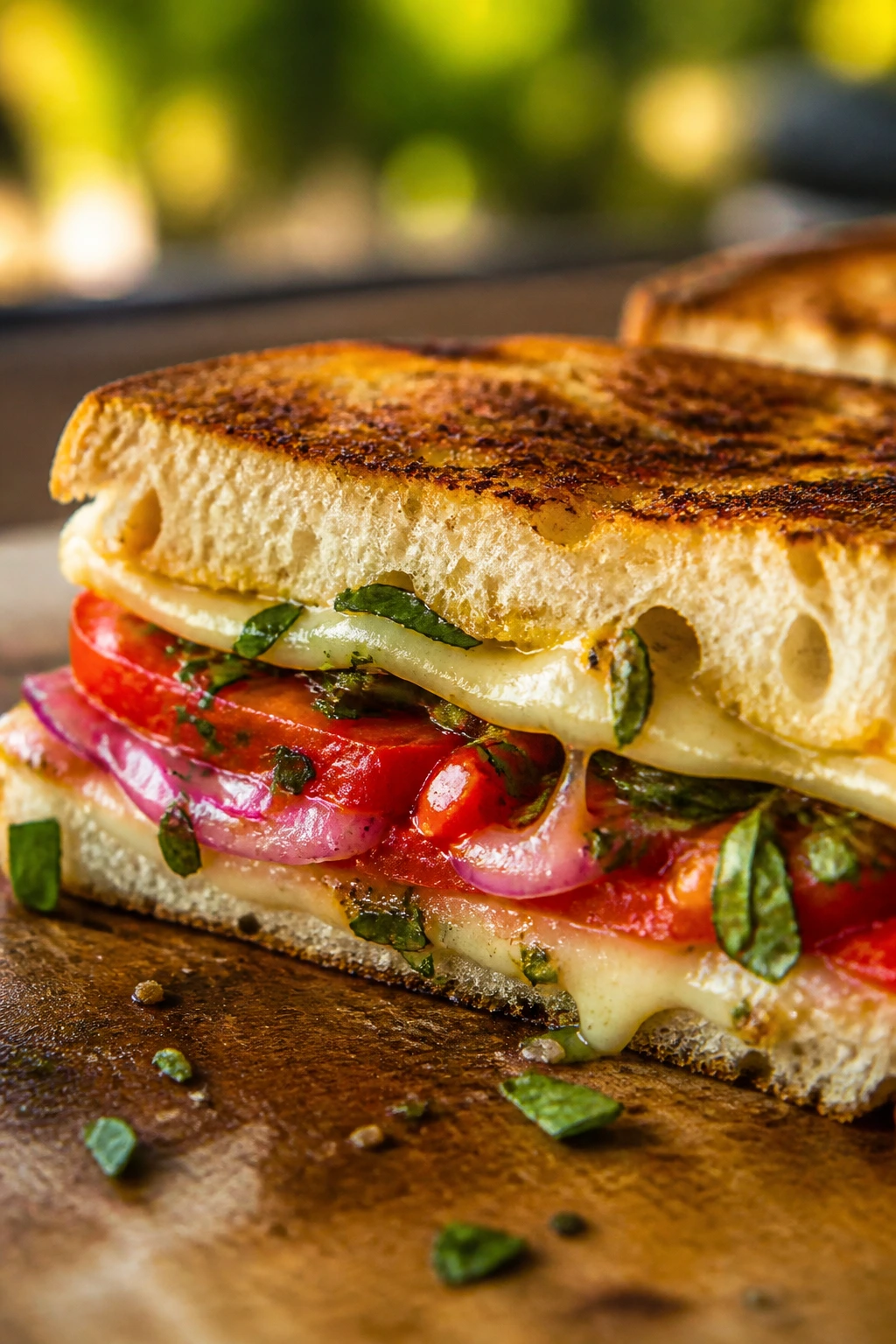 Cross-section of a grilled cheese with marinated tomato and red onion filling