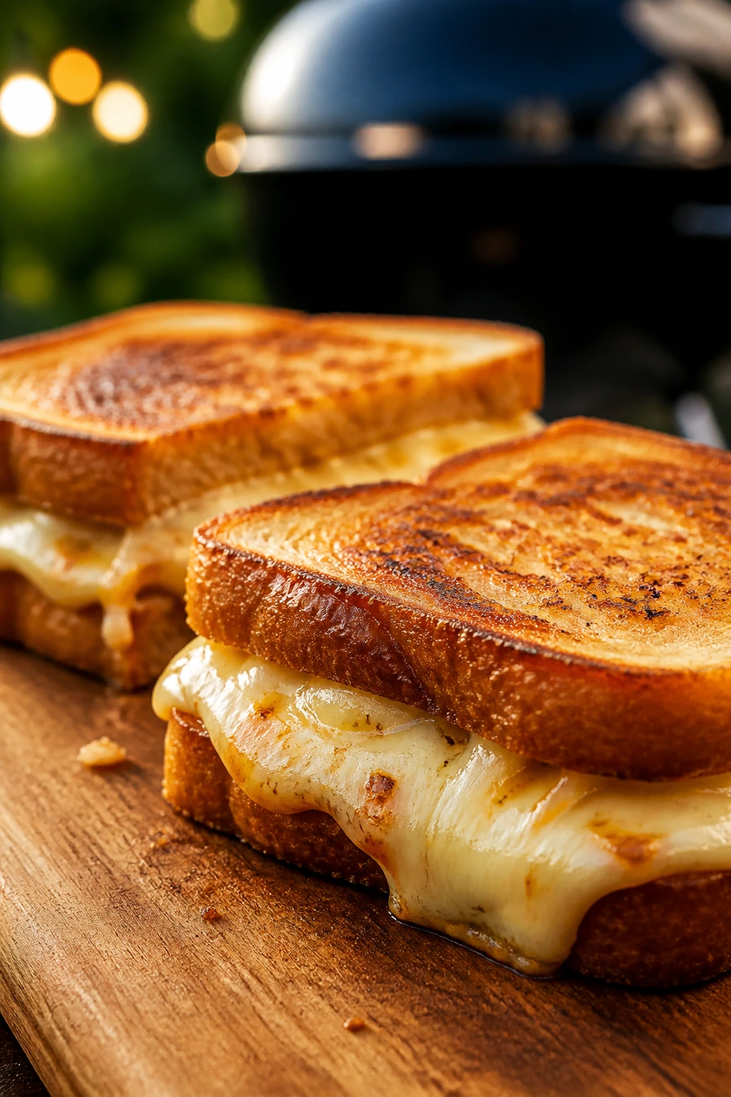 Two completed grilled cheese sandwiches on a cutting board outdoors