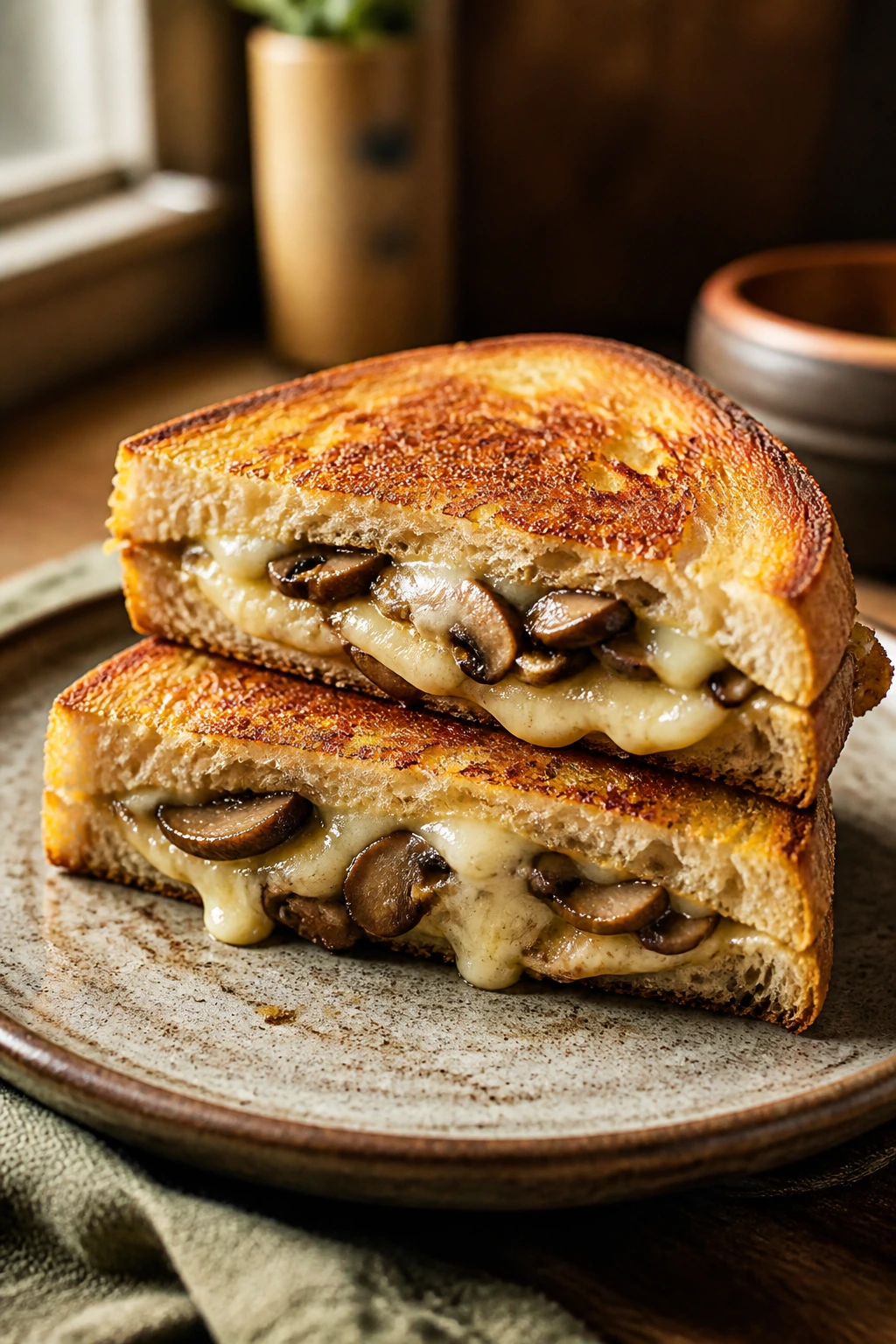Grilled cheese sandwich half on plate with visible mushrooms inside