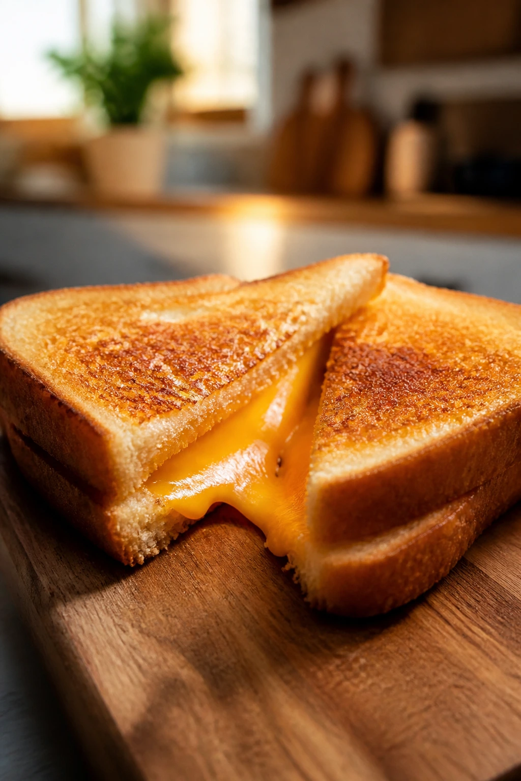 Close-up of a golden grilled cheese sandwich halves on a cutting board