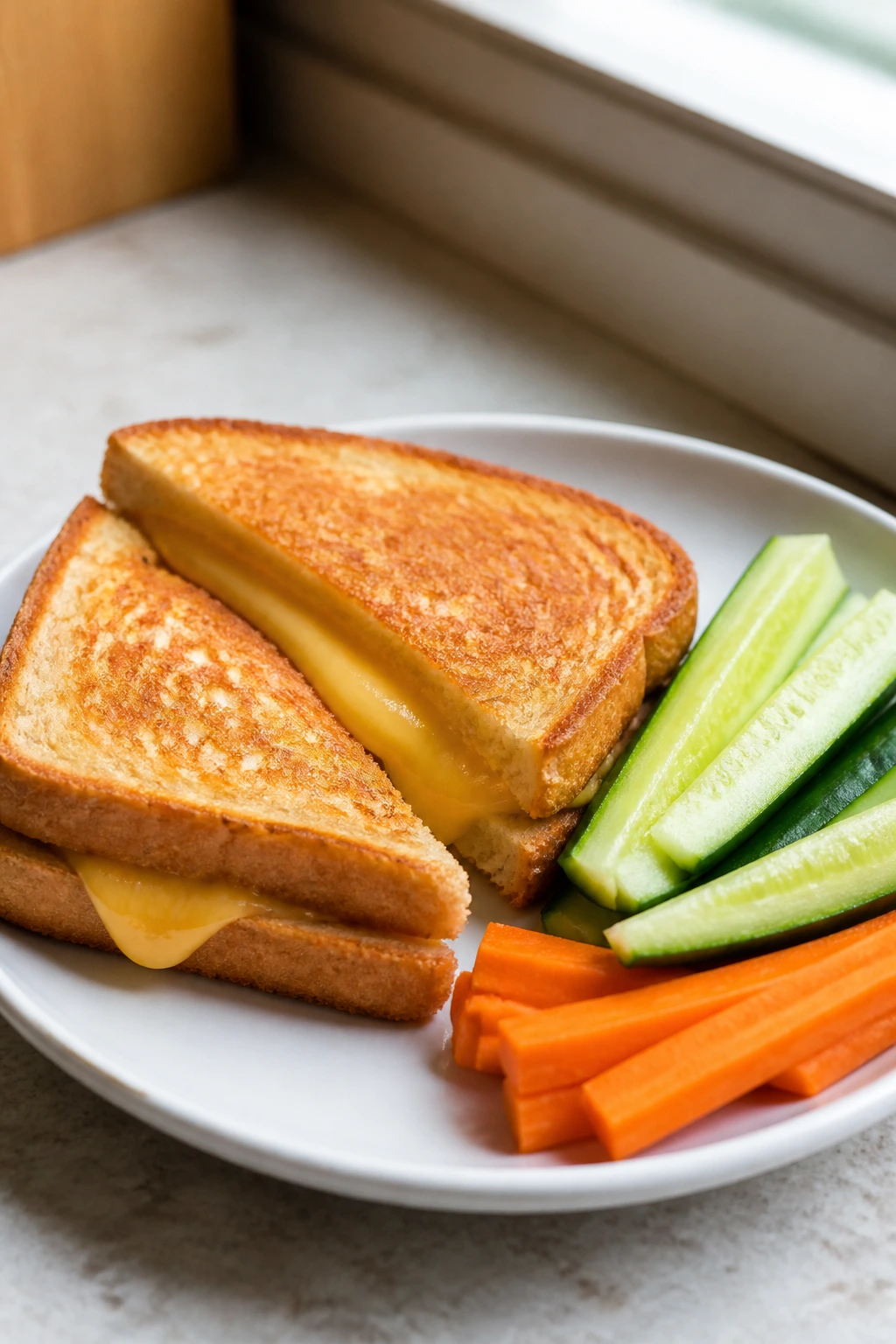 Grilled cheese with veggie sides on a plate