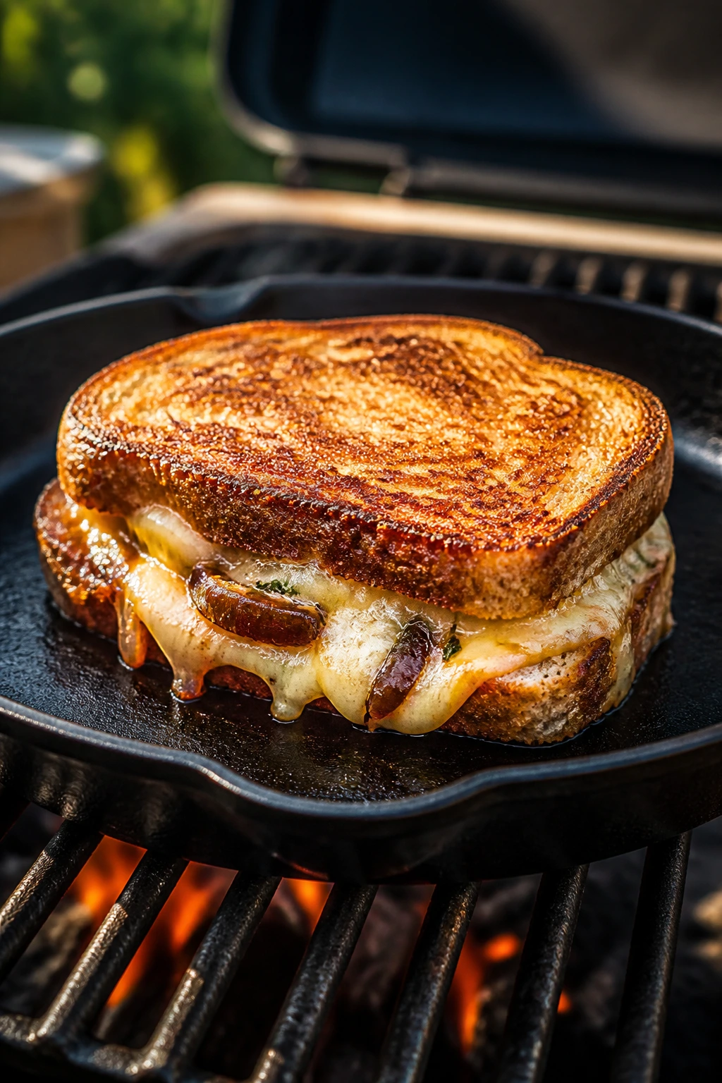Grilled cheese on a cast-iron skillet on a backyard grill