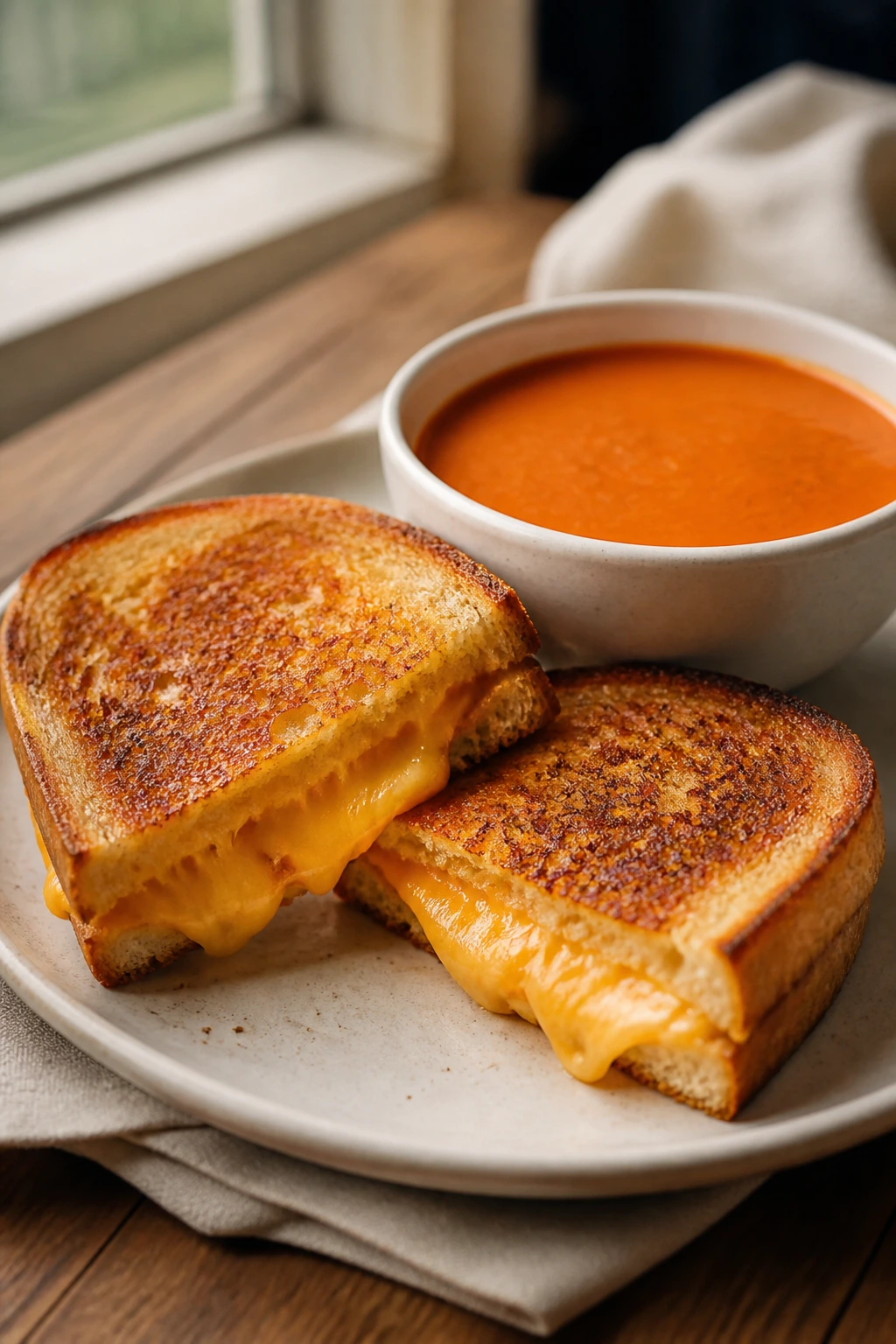 Close-up of grilled cheese sandwich and tomato soup