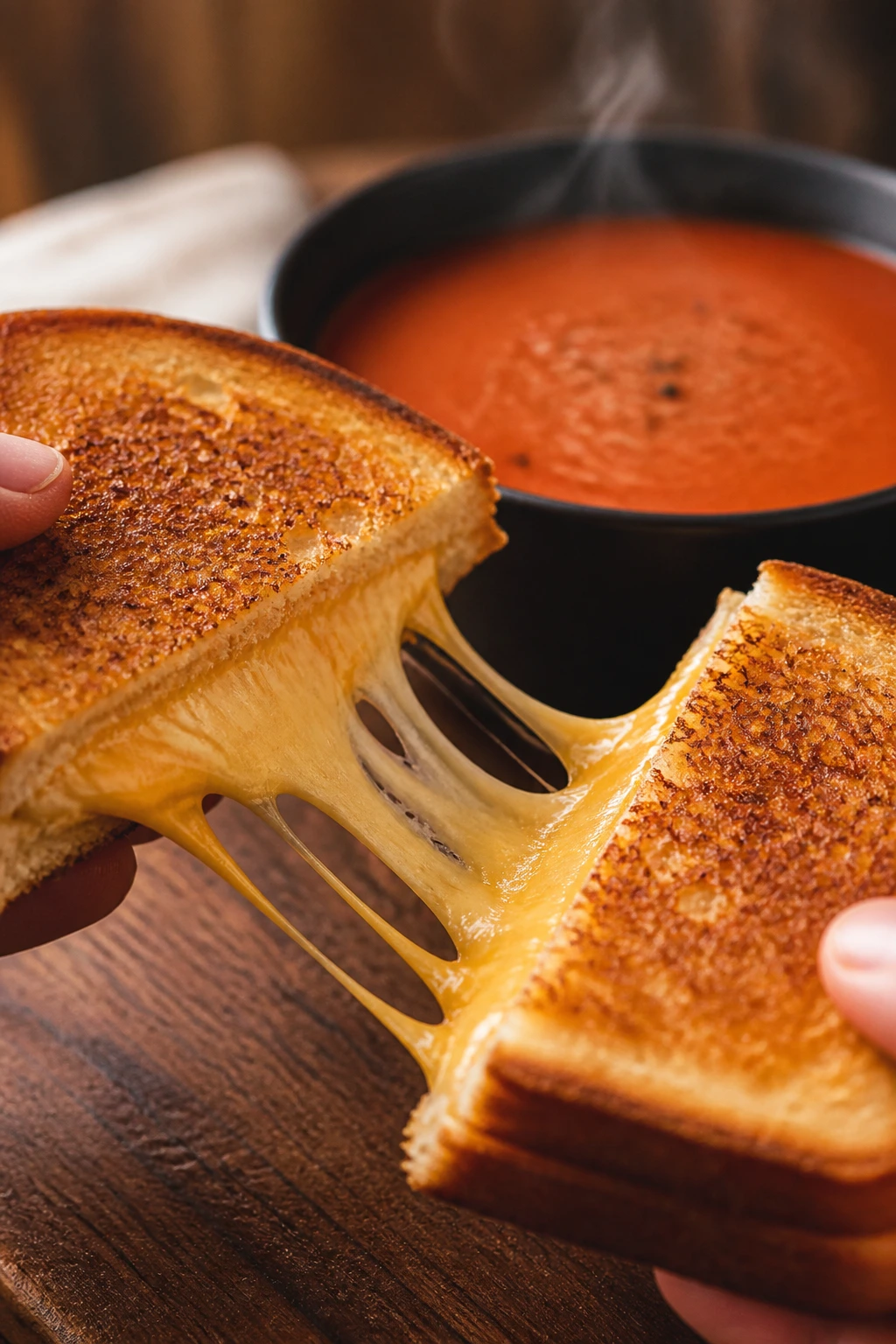 Gooey grilled cheese with tomato soup in a cozy kitchen