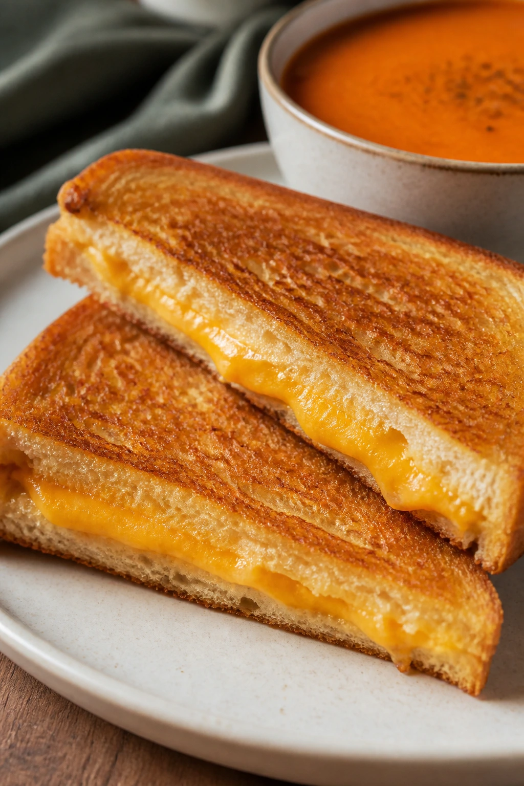 Grilled cheese sandwich with a bowl of tomato soup in the background
