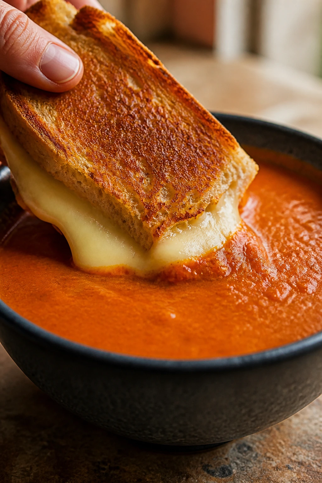 Close-up of grilled cheese and tomato soup pairing on a warm kitchen counter