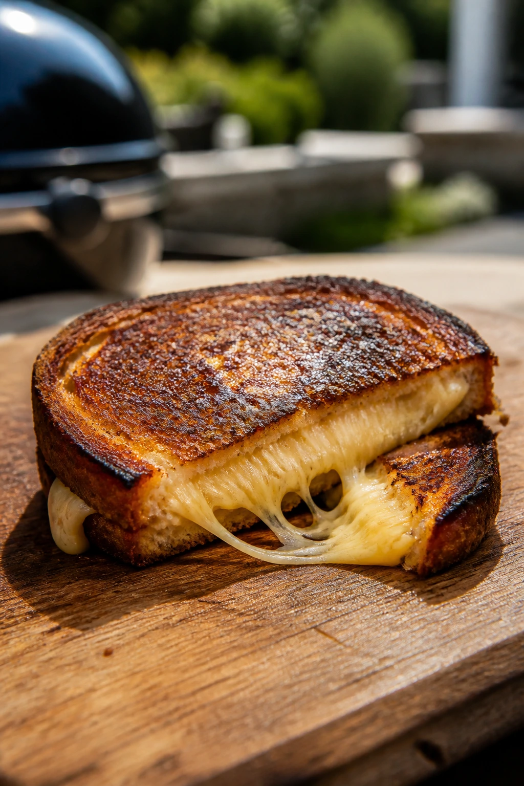 Grilled cheese sandwich half-cut on wooden board outdoors
