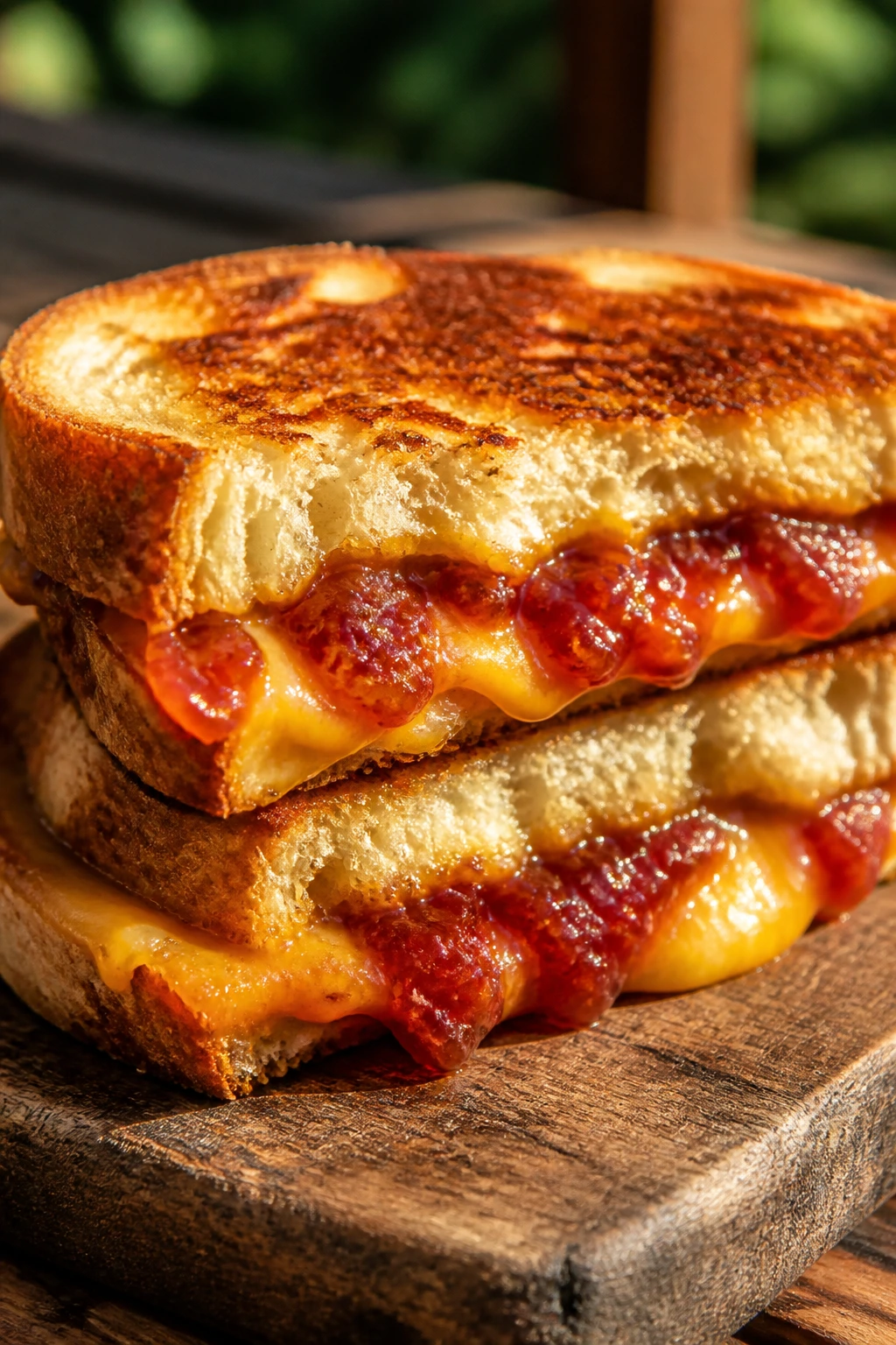 Grilled cheese sandwich with tomato jam oozing from between crisp bread