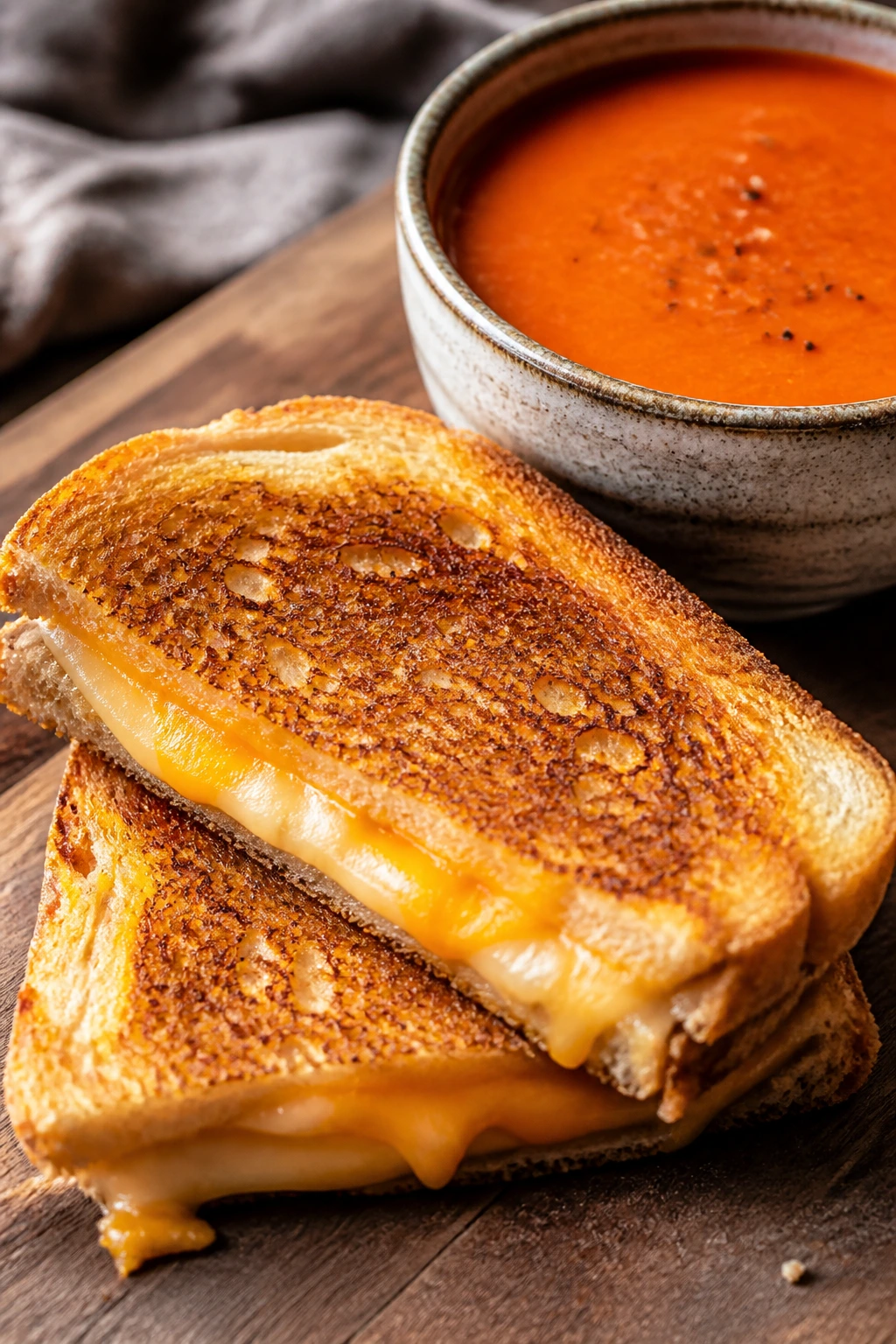 Close-up of grilled cheese with tomato soup for dipping on a warm kitchen table