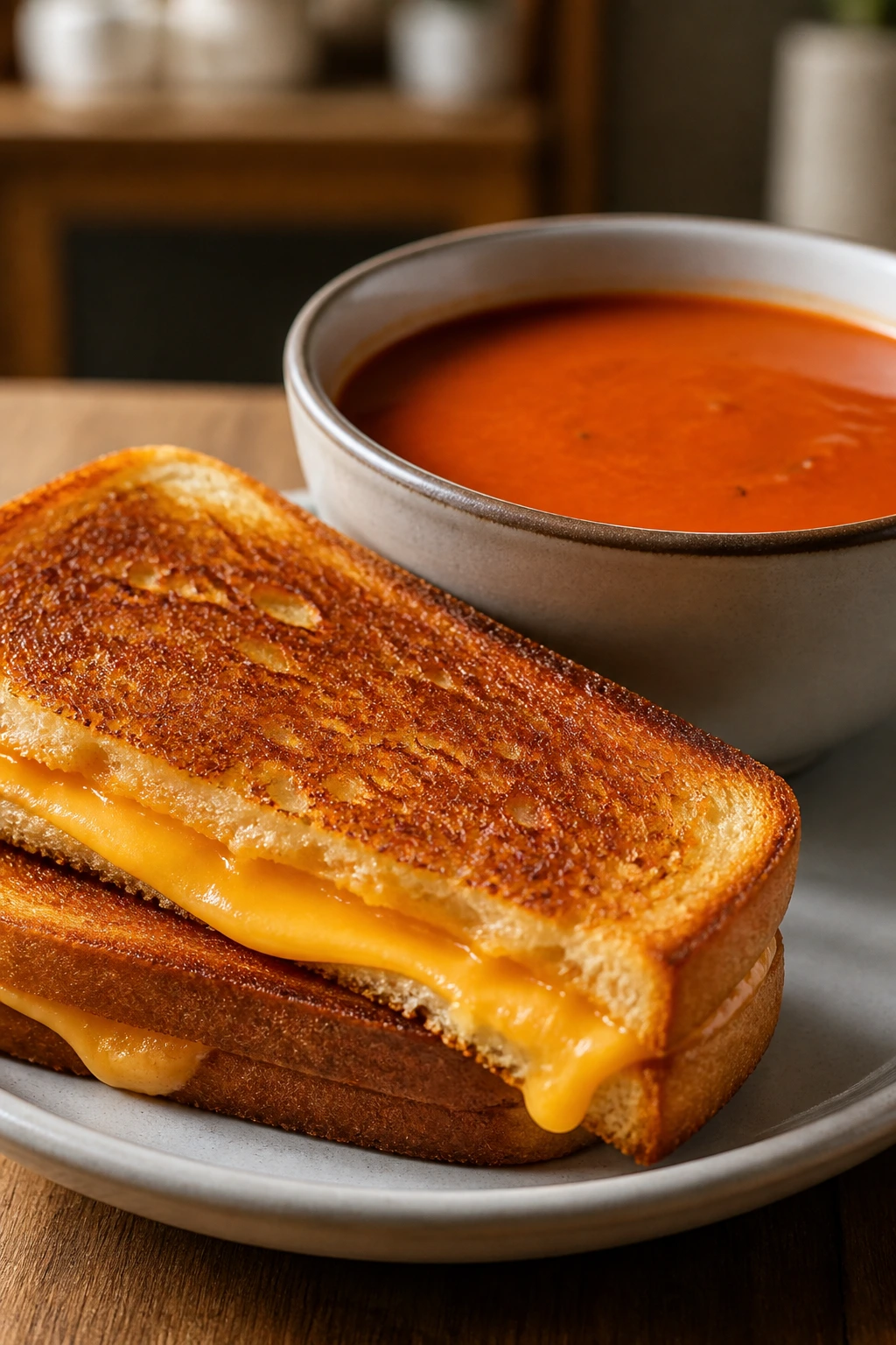 Close-up of grilled cheese sandwich next to a bowl of tomato soup on a wooden table