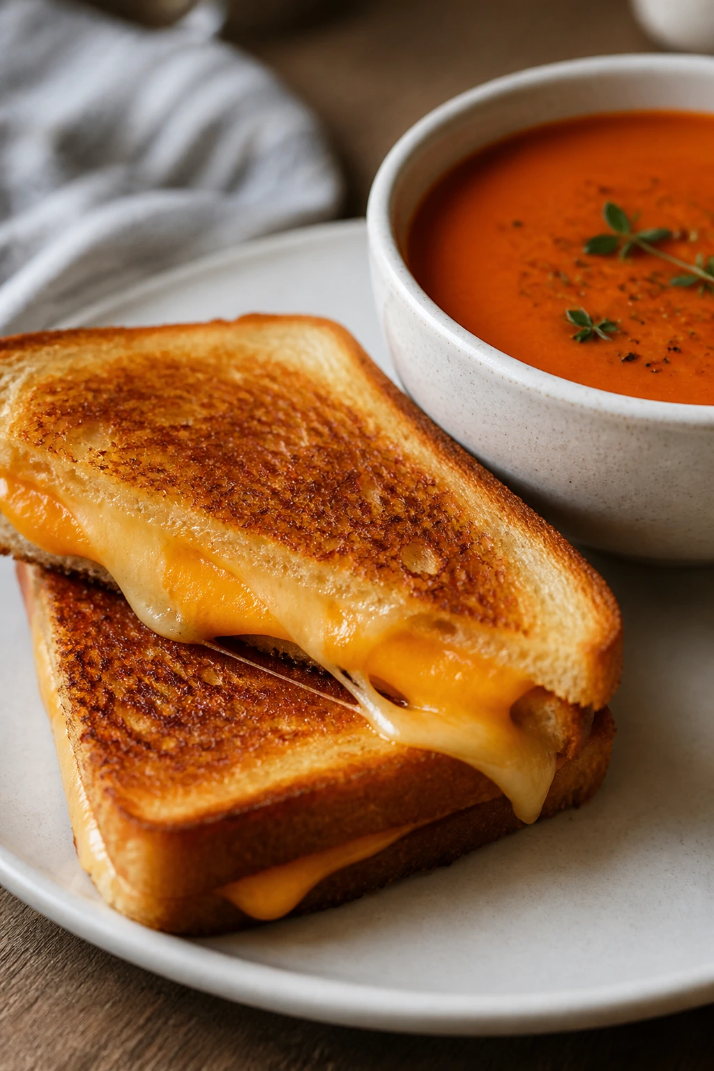 Close-up of grilled cheese sandwich and bowl of tomato soup