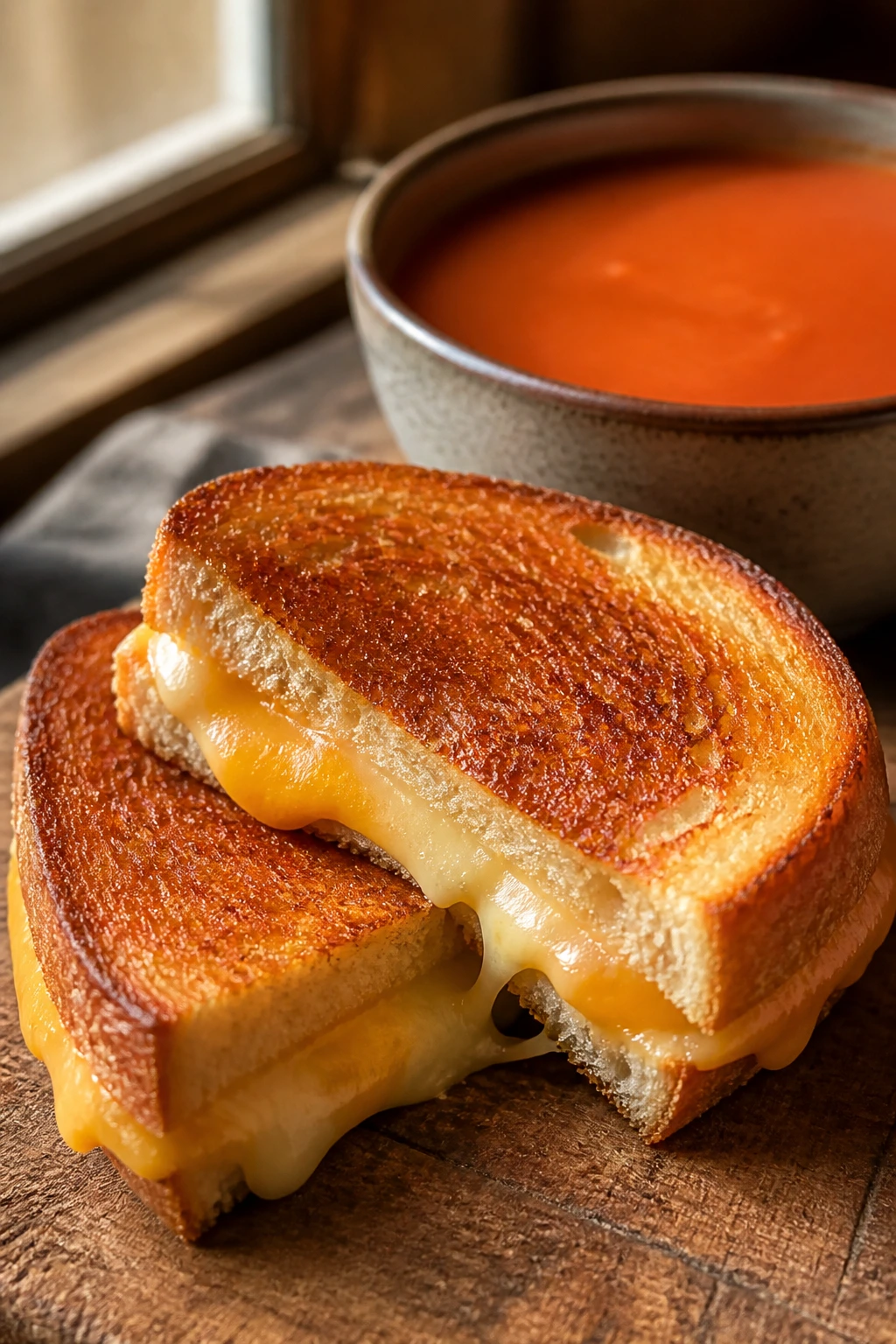 Close-up of grilled cheese sandwich with tomato soup on rustic table