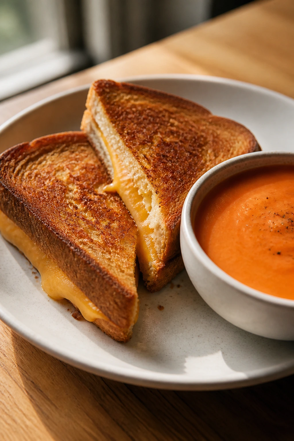 Close-up of grilled cheese sandwich with creamy tomato soup on plate