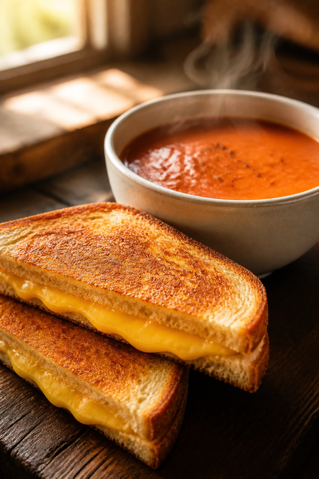 Grilled cheese with tomato soup on a rustic table