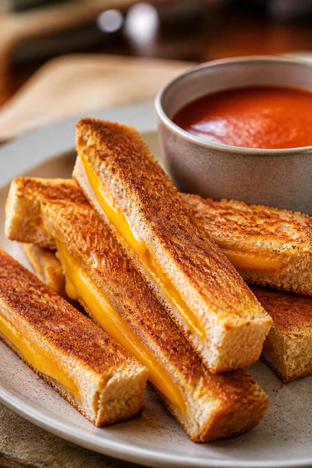 Grilled cheese dippers sliced into strips with tomato soup in the background