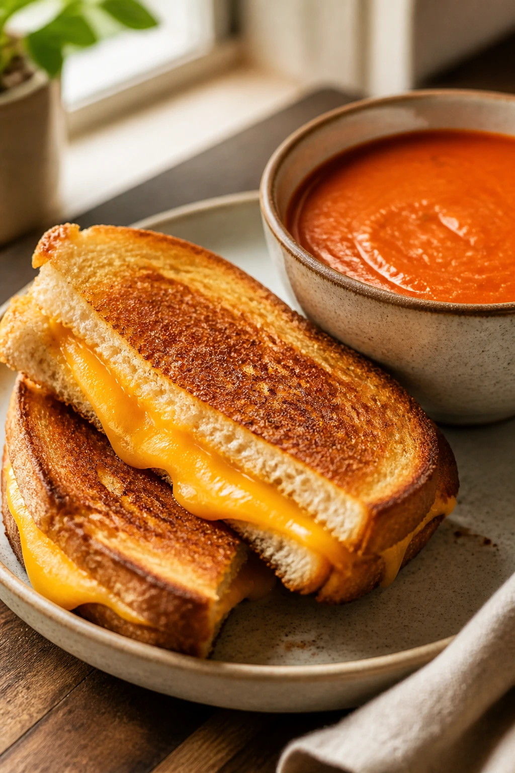 Close-up of grilled cheese and tomato soup in a cozy kitchen