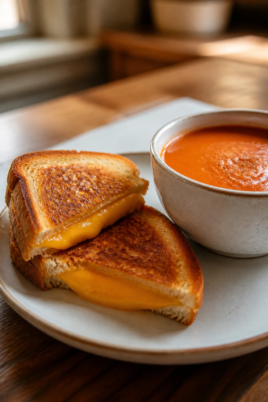 Grilled cheese halves with tomato soup for dipping in a warm kitchen