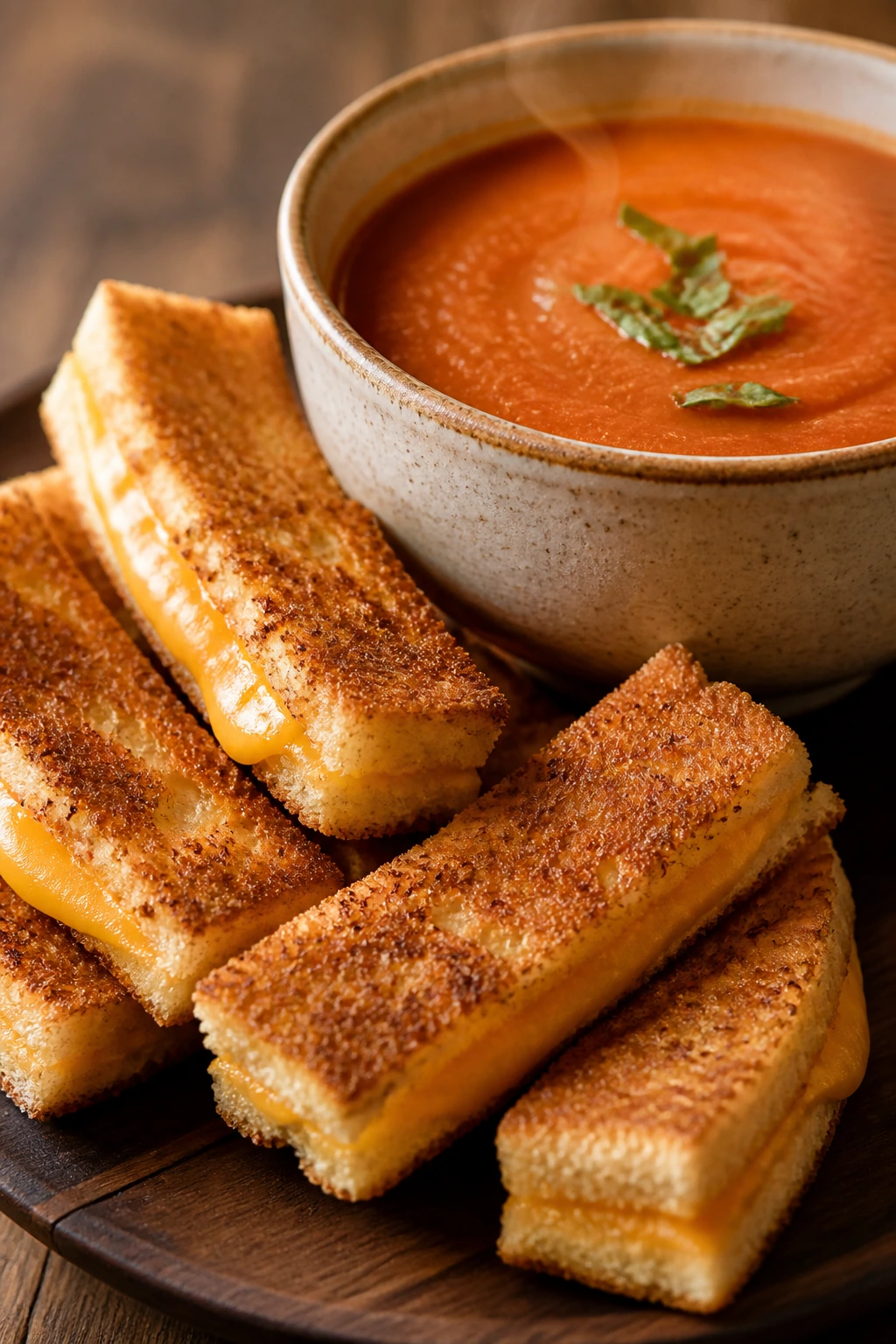 Grilled cheese dippers with tomato soup on a warm wooden table