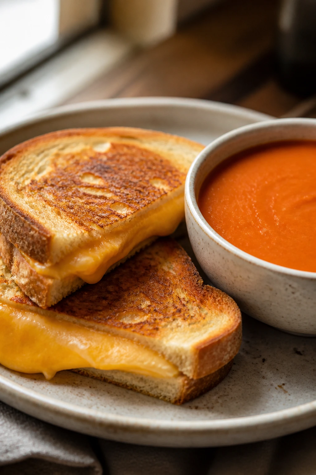 Grilled cheese sandwich next to tomato soup in a cozy kitchen
