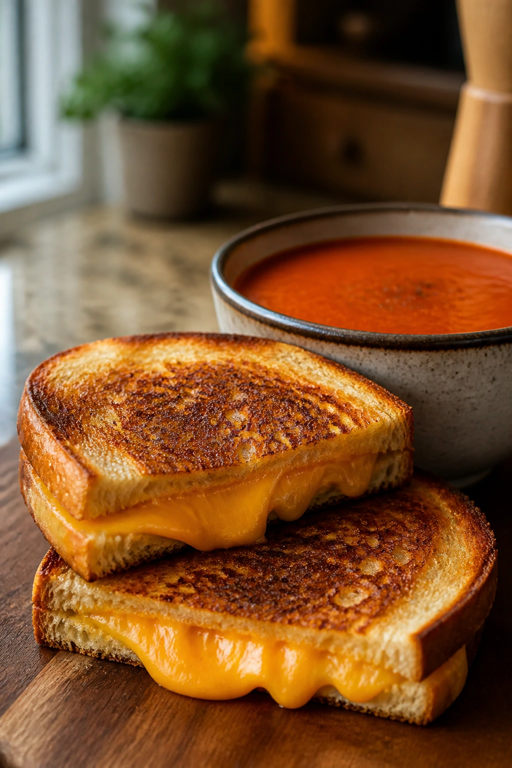 Grilled cheese sandwich with tomato soup in a cozy kitchen