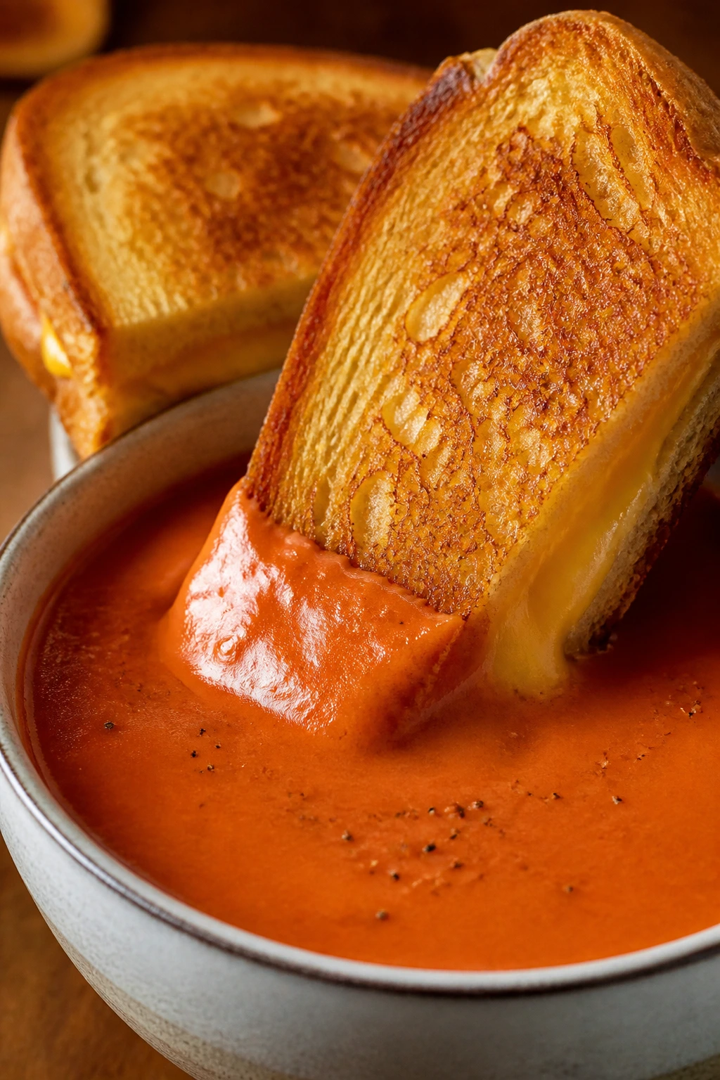 Grilled cheese with tomato soup in a cozy kitchen setting.