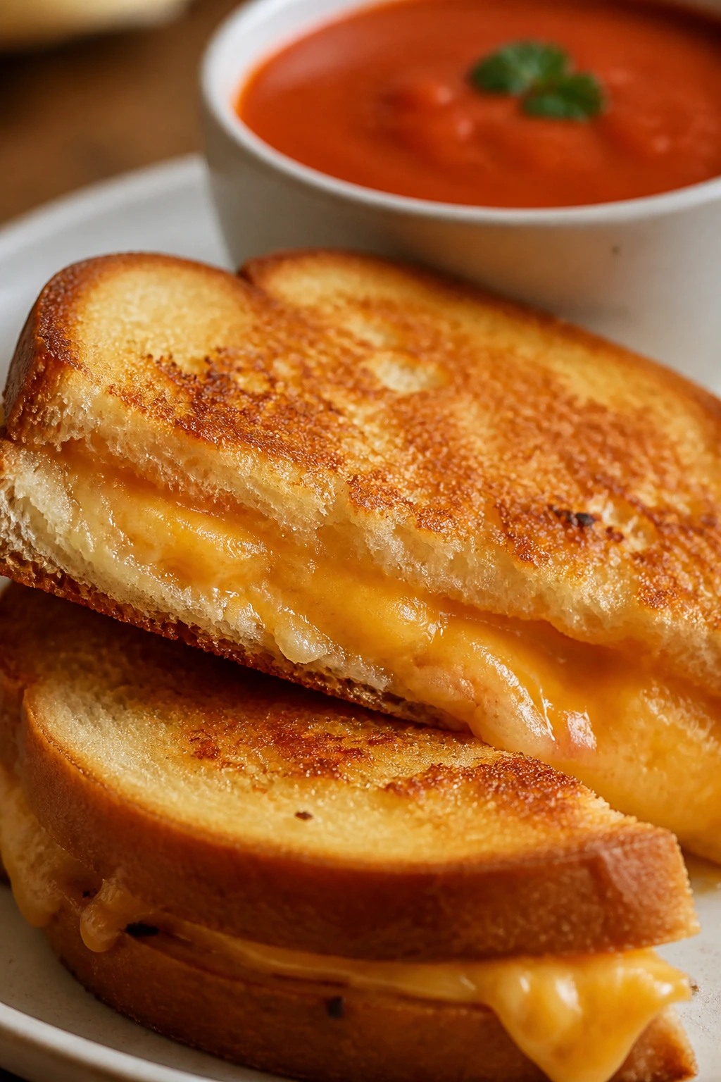 Close-up of grilled cheese sandwich with tomato soup in background